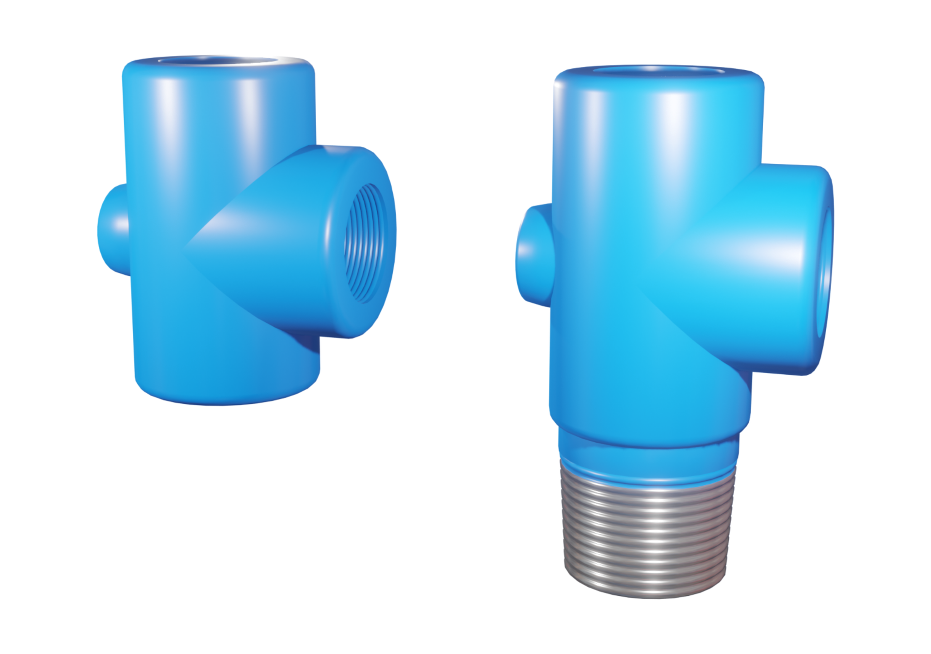 Na zdjęciu przedstawiony został czwórnik. Czwórnik służy do połączenia odlewy z głowiczką pompową albo prewenterem na laskę pompową. Na zdjęciu przedstawione są dwie ilustracje czwórnika. Z lewej strony czwórnik składa się z dużego cylindra pustego w środku. Z jego lewej i prawej strony znajdują się ramiona złożone cylindrów również pustych w środku. Lewe ramię jest małe natomiast prawe jest prawie tak duże jak główny cylinder. W środku prawego ramienia widać wycięte rowki na połączenie gwintowe. Prawy czwórnik jest trochę inny niż czwórnik z lewej strony. Jedyna różnica to dołączona część u jego dołu. Wygląda ona jak cylinder pusty w środku zwężający się ku dołowi. Na części znajdują się wycięte rowki do połączenia gwintowego. 