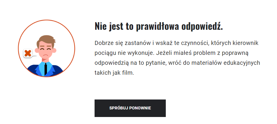 Przykładowy komunikat o błędnej odpowiedzi w grze