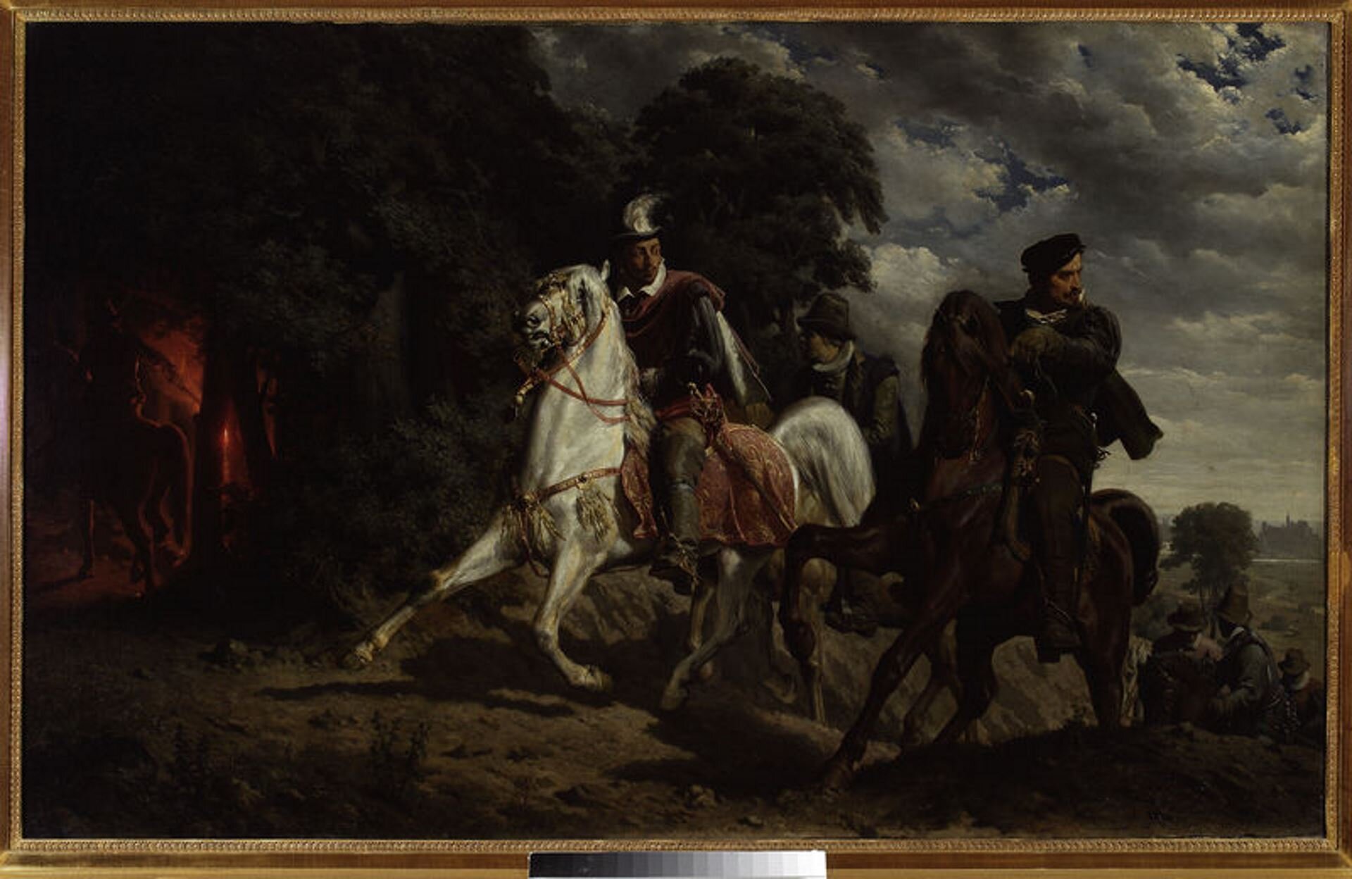 Ilustracja przedstawia obraz „Ucieczka Henryka Walezego z Polski” autorstwa Artura Grottgera. Ukazuje króla Polski na białym koniu uciekającego z kraju. Walezemu towarzyszą podążający wraz z nim dwaj mężczyźni na koniach. Po lewej stronie między drzewami widoczna jest czerwona łuna światła, na tle której widoczna jest inna postać na koniu. Na drugim planie, w dole pejzażu znajduje się grupa mężczyzn podążająca za osobami z pierwszego planu. Wyłaniają się zza pagórka. Krajobraz z lewej wypełniają liczne, ciemne drzewa. Prawa strona jest jaśniejsza, tworzą ją pagórki i daleki widok pejzażu, nad którym rozciąga się szare niebo z chmurami.