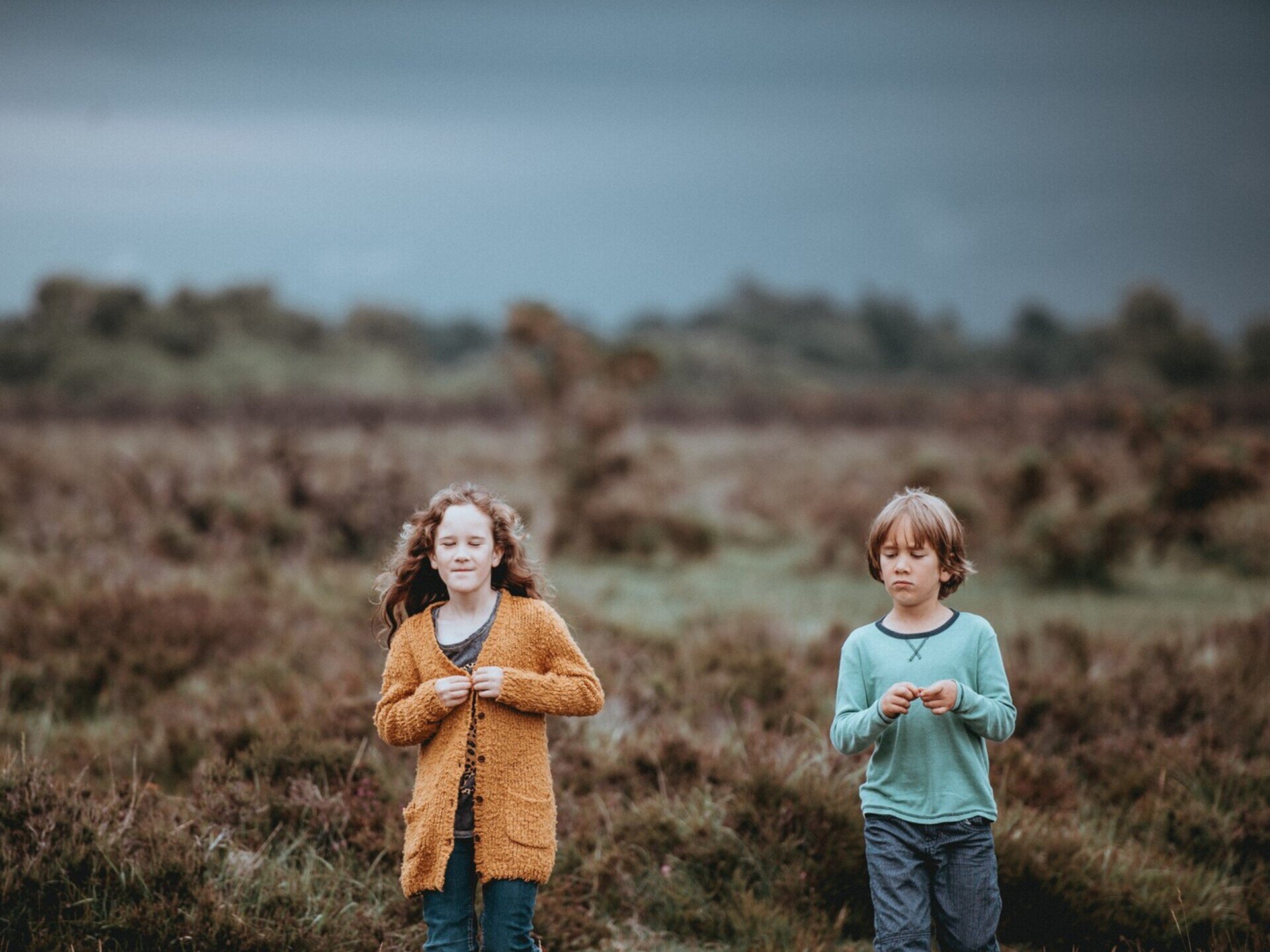 Zdjęcie przedstawiające chłopca i dziewczynkę idących przez wrzosowisko.