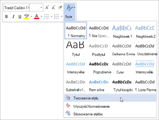 Zrzut ekranu przedstawia tworzenie nowego stylu na podstawie formatowania dokumentu.  Po kliknięciu prawym przyciskiem myszy na dokumencie wyświetliło się okno opcji w którym zaznaczono opcję: Style.  Po rozwinięciu jej pojawiły się możliwe style do wyboru oraz trzy opcję, z których wybrano: Tworzenie stylu.