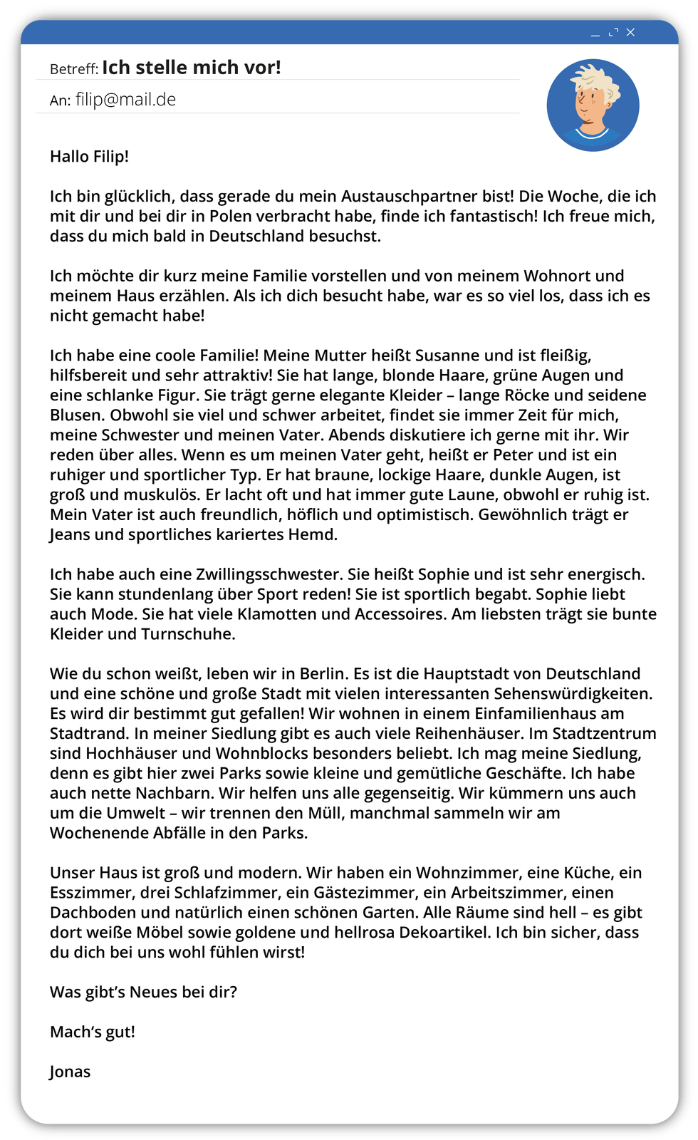 Ilustracja przedstawia e‑mail. Transkrypcja jest dostępna poniżej.