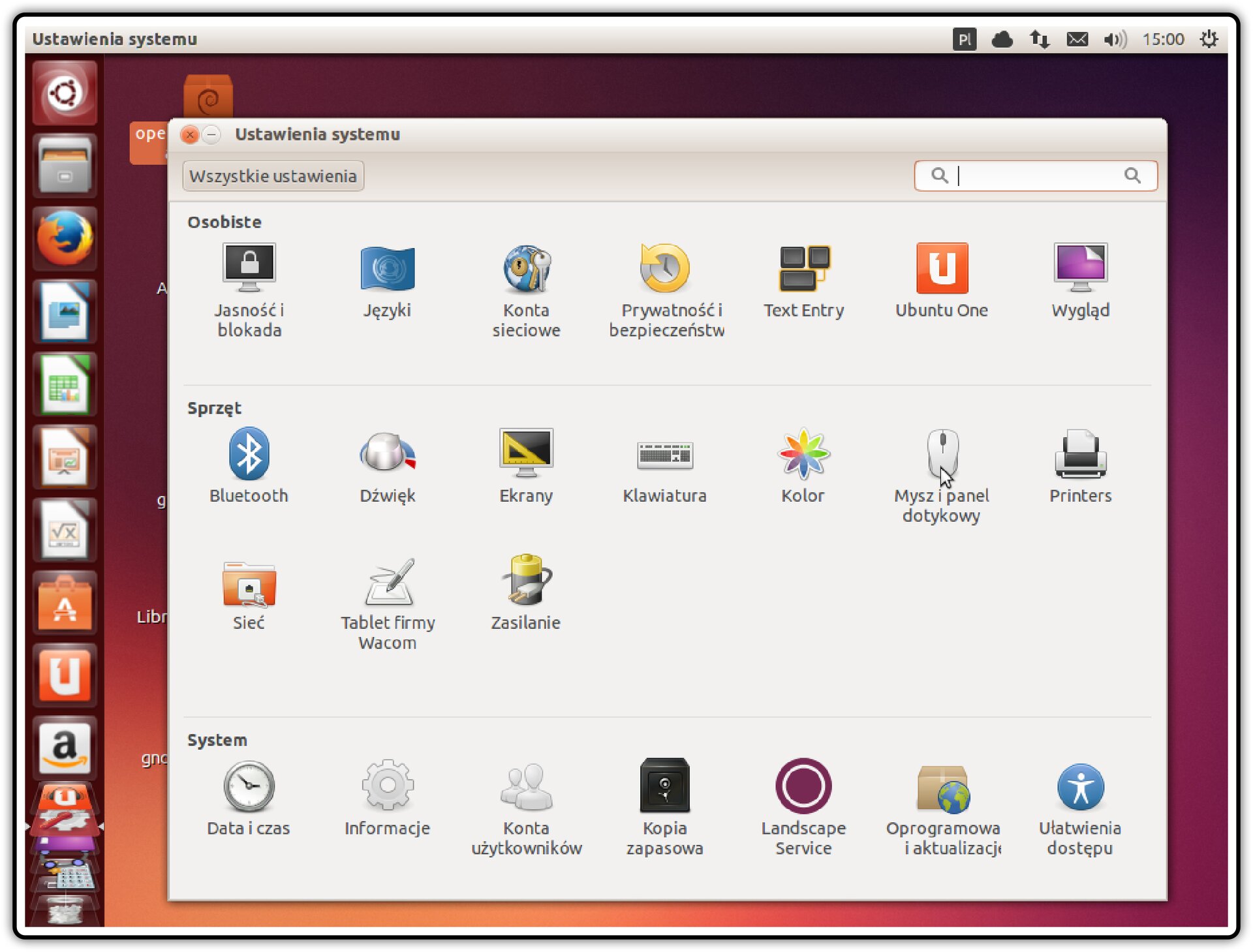 Zrzut okna: Ustawienia systemu w systemie Linux Ubuntu