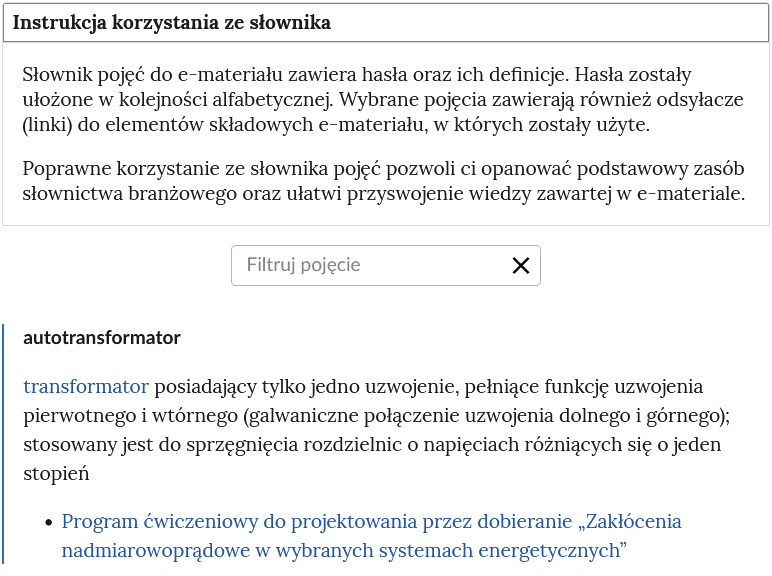 Ilustracja przedstawia widok na górną część słownika. Widoczny jest rozwinięty panel z instrukcją. Niżej widać pole do filtrowania haseł. Na dole znajduje się hasło wraz z definicją.