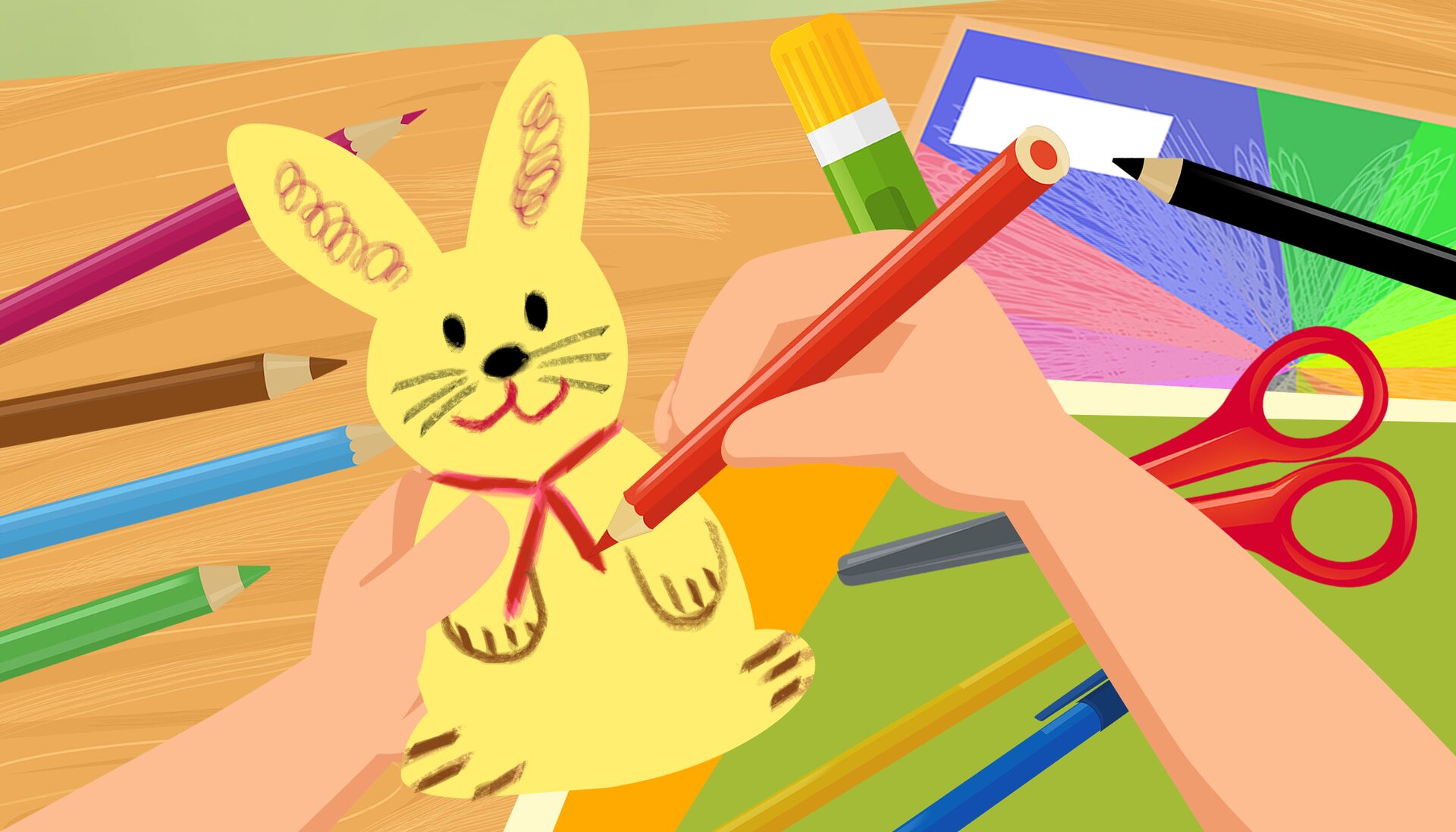 Na ilustracji widać, jak ktoś koloruje zajączka wielkanocnego.