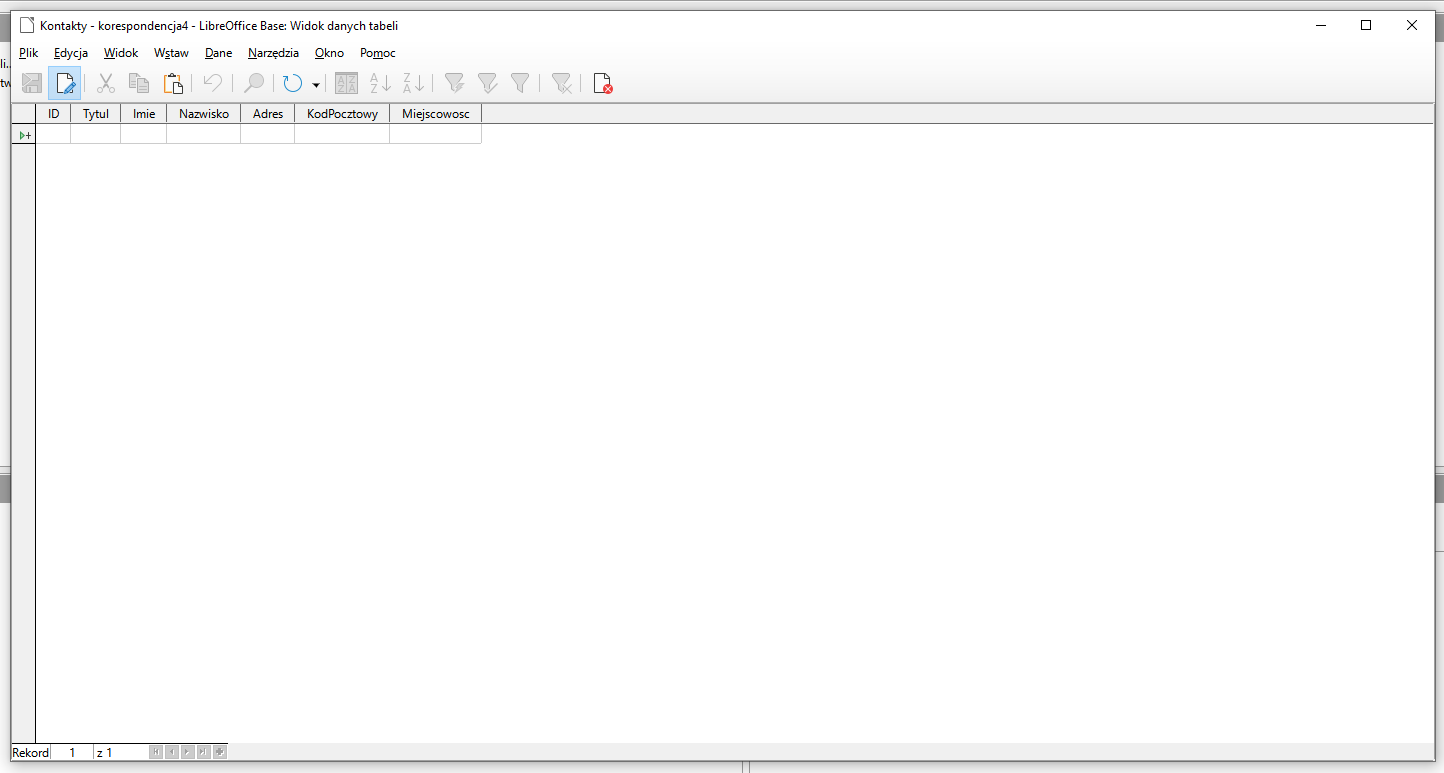 Ilustracja przedstawia otwarte okno programu zatytułowane Kontakty, korespondencja4, LibreOfiice Base: widok danych tabeli. U góry znajduje się pasek zadań a którym zaznaczona jest druga ikona opcji. Poniżej znajduje się kolumny tabeli zatytułowane następująco: ID, Tytuł, Imię, Nazwisko, Adres, Kod Pocztowy, Miejscowość. 