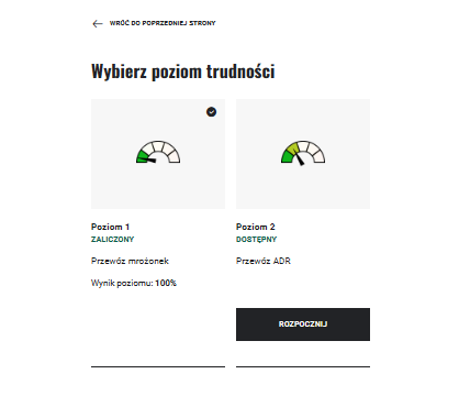 Ekran pokazujący poziomy trudności w grze edukacyjnej