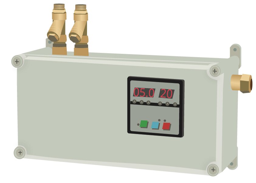 Grafika przedstawia mieszacz wody. Widoczne jest prostopadłościenne urządzenie – zbiornik. Na froncie, po prawej stronie widoczny jest kwadratowy panel sterujący ze wskaźnikiem poziomu wody, termometrem i przyciskami. W górnej części po lewej widoczne są dwa króćce – krótkie pionowe rurki z zaworami. Po prawej stronie z boku widoczny jest jeden  króciec z zaworem.