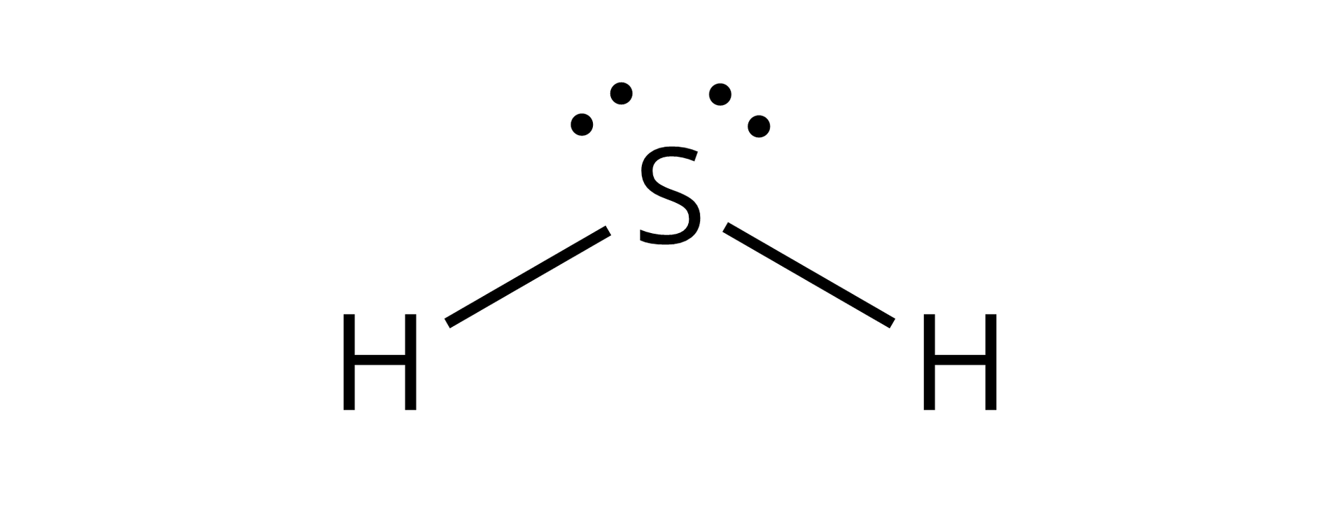 Ilustracja przedstawiająca wzór elektronowy sulfanu, czyli siarkowodoru o wzorze atom siarki S dwiema wolnymi parami elektronowymi zaznaczonymi jako cztery kropki, od atomu siarki S odchodzą dwa wiązanie, czyli uwspólnione elektrony oznaczone kreskami do dwóch atomów wodoru H. Wzór sumaryczny H2S.