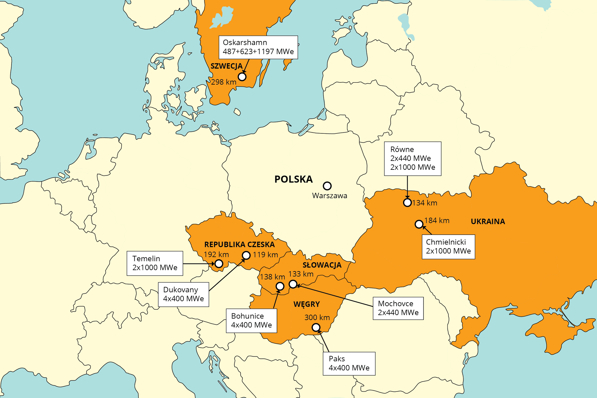 Mapa prezentuje elektrownie atomowe w Europie Środkowej i Wschodniej