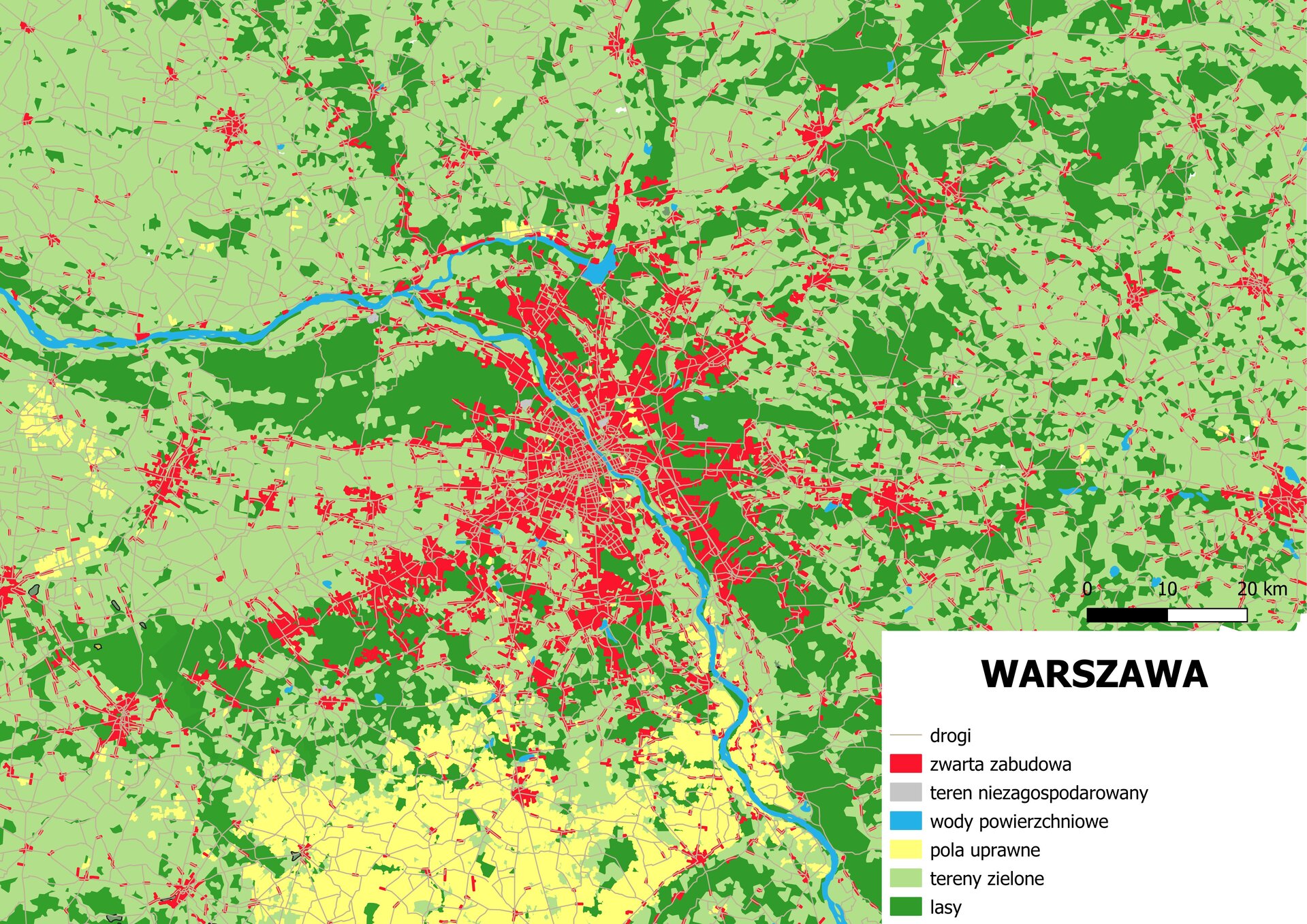 Ilustracja przedstawia mapę Warszawy i okolic. Miasto położone jest nad Wisłą. Tam dominuje zwarta zabudowa. Poza centrum zwarta zabudowa występuje głównie przy kilku odchodzących drogach, jest jej stopniowo mniej. Są to mniejsze miejscowości. Wokół dominują tereny zielone oraz lasy, w południowo‑zachodniej części dominują pola uprawne.