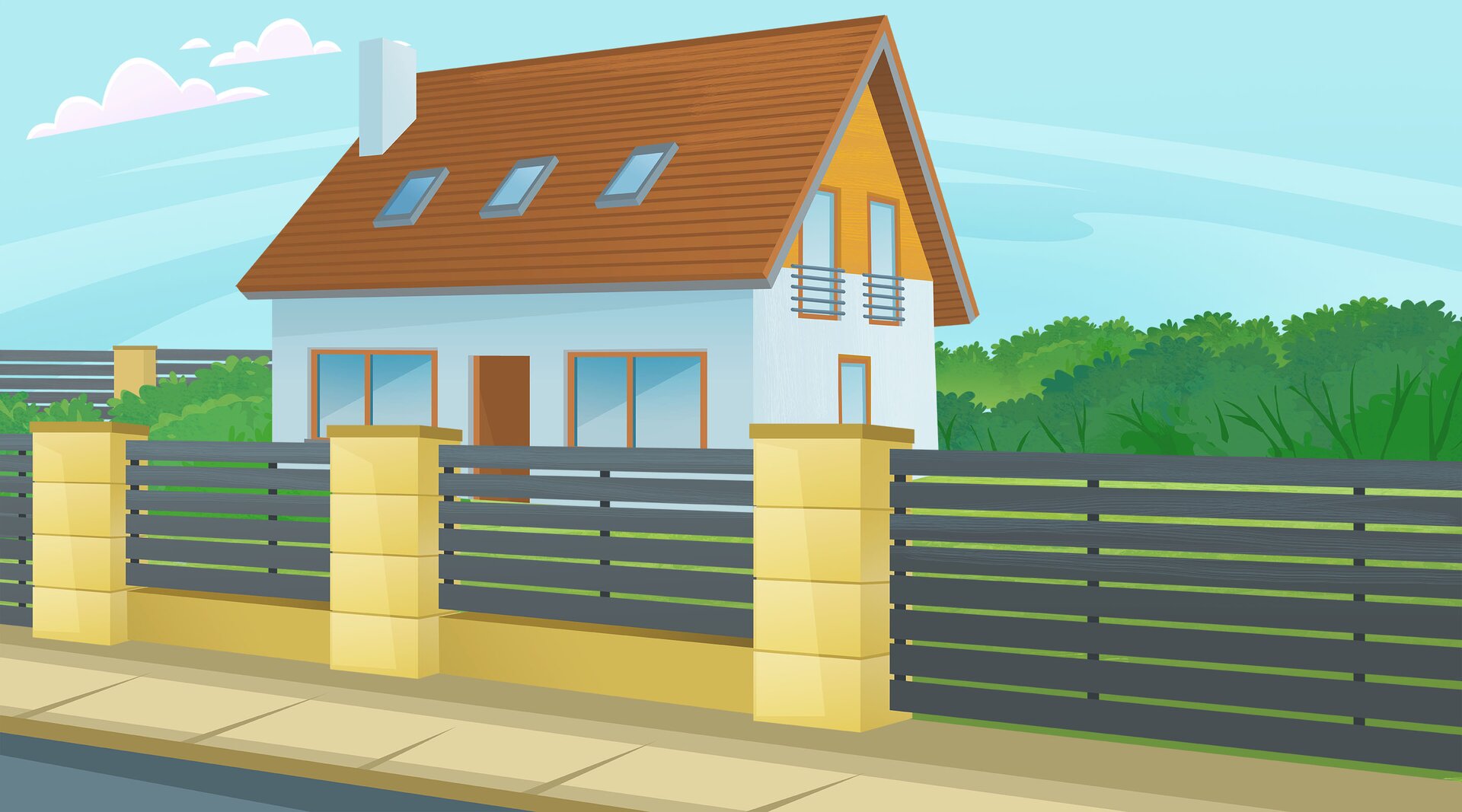 Ilustracja przedstawia dom stojący  za ogrodzeniem.