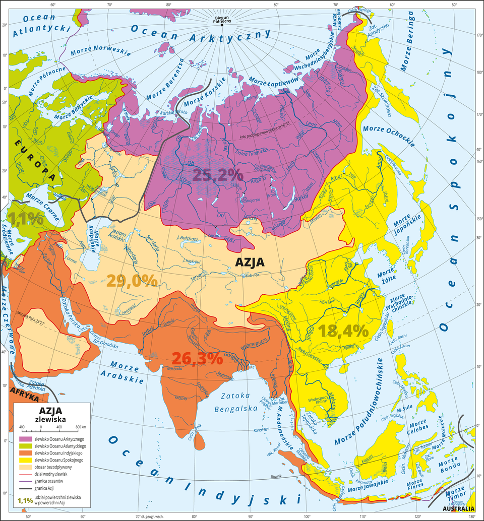 Ilustracja przedstawia mapę Azji oraz zlewisko Oceanu Arktycznego na północy kontynentu (ponad 25 procent), obszar bezodpływowy w środkowej części kontynentu (29 procent), zlewisko Oceanu Indyjskiego na południu (ponad 26 procent), zlewisko Oceanu Spokojnego na wschodzie (ponad 18 procent). Niewielki obszar (około 1 procent) obejmuje zlewisko Oceanu Atlantyckiego, większa część tego zlewiska położona jest na terenie Europy. 