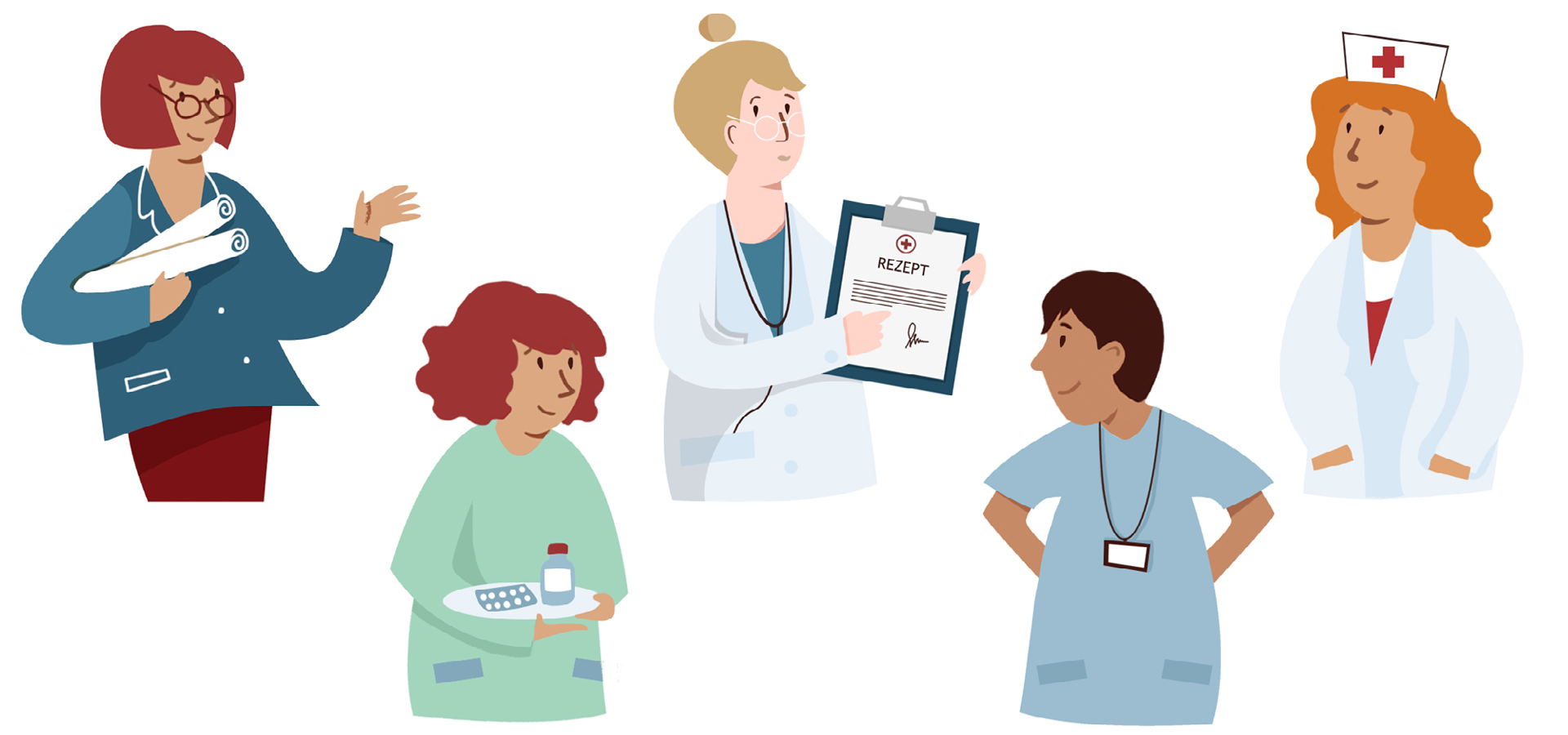 Pojawia się ilustracja złożona z pięciu grafik. Przedstawia kobiety, wykonujące różne zawody. Na pierwszej znajduje się kobieta w okularach, która trzyma w ręce zwinięte dokumentu. Na drugiej znajduje się kobieta, która trzyma lekarstwa na talerzyku. Na trzeciej jest kobieta, która ma w rękach receptę. Na czwartej znajduje się kobieta w kitlu, która na szyi ma zawieszoną plakietkę. Na ostatniej, piątej grafice znajduje się kobieta ubrana w kitel oraz czepek pielęgniarski.