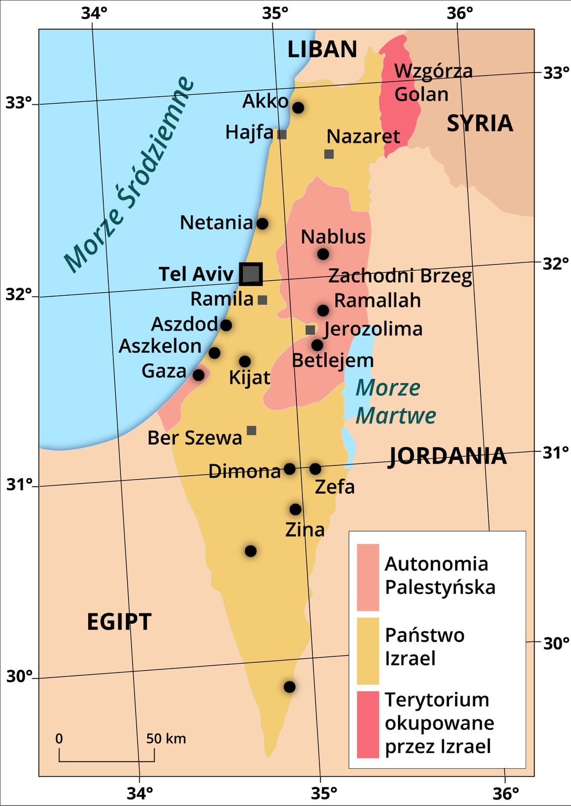 Mapa przedstawiająca strefy sporne na obszarze Palestyny. Żółtym kolorem oznaczono państwo Izrael, a na wschodzie (nad Morzem Martwym) i zachodzie (okolice Gazy) jasnoróżowym kolorem terytoria Autonomii Palestyńskiej. Na północnym wschodzie kolorem ciemnoróżowym oznaczono terytorium okupowane przez Izrael, położone między Libanem a Syrią, podpisane jako Wzgórza Golan. Oznaczono największe miasta, nazwy państw, Morze Śródziemne i Morze Martwe. Dookoła mapy ramka z naniesionymi współrzędnymi geograficznymi.