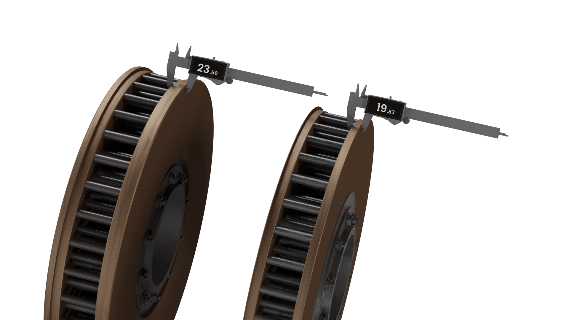 Ilustracja przedstawia widok dwóch wentylowanych tarcz hamulcowych. Po lewej stronie znajduje się nowa tarcza, a po prawej zużyta. Do tarczy hamulcowej przyłożona jest suwmiarka. Grubość nowej tarczy hamulcowej wynosi 23mm. A tarczy zużytej wynosi 19mm.