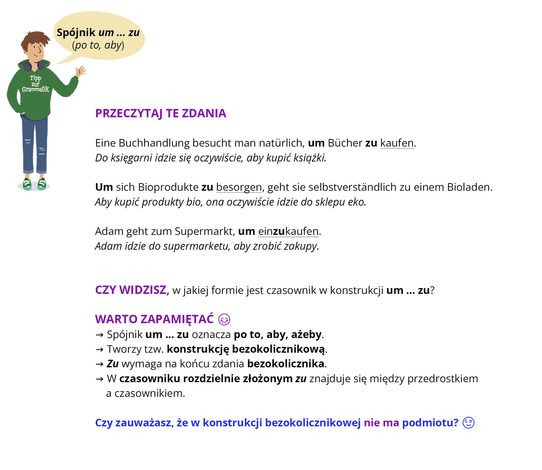 Ilustracja zawiera poradę językową. Grafika przedstawia chłopca w zielonej bluzie z napisem Tipp zur Grammatik.  Obok widoczny jest dymek zawierający napis: Konstrukcja bezokolicznikowa um … zu.
Pozostałą część grafiki stanowi tekst, którego treść wyświetla się w trybie dostępności. 
