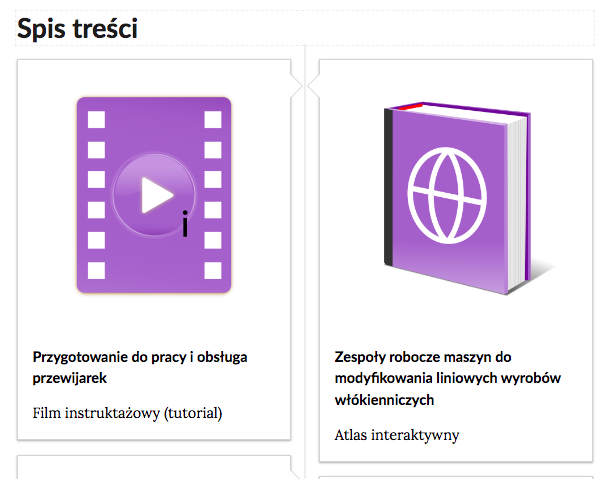 Grafika przedstawia fragment spisu treści. Spis składa się z dwóch ramek. W lewej ramce schematyczny rysunek kliszy filmowej. Poniżej tytuł: Przygotowanie do pracy i obsługa przewijarek. Film instruktażowy (tutorial). Po prawej stronie rysunek książki. Poniżej tytuł: Zespoły robocze maszyn do modyfikowania wyrobów włókienniczych. Atlas interaktywny. 