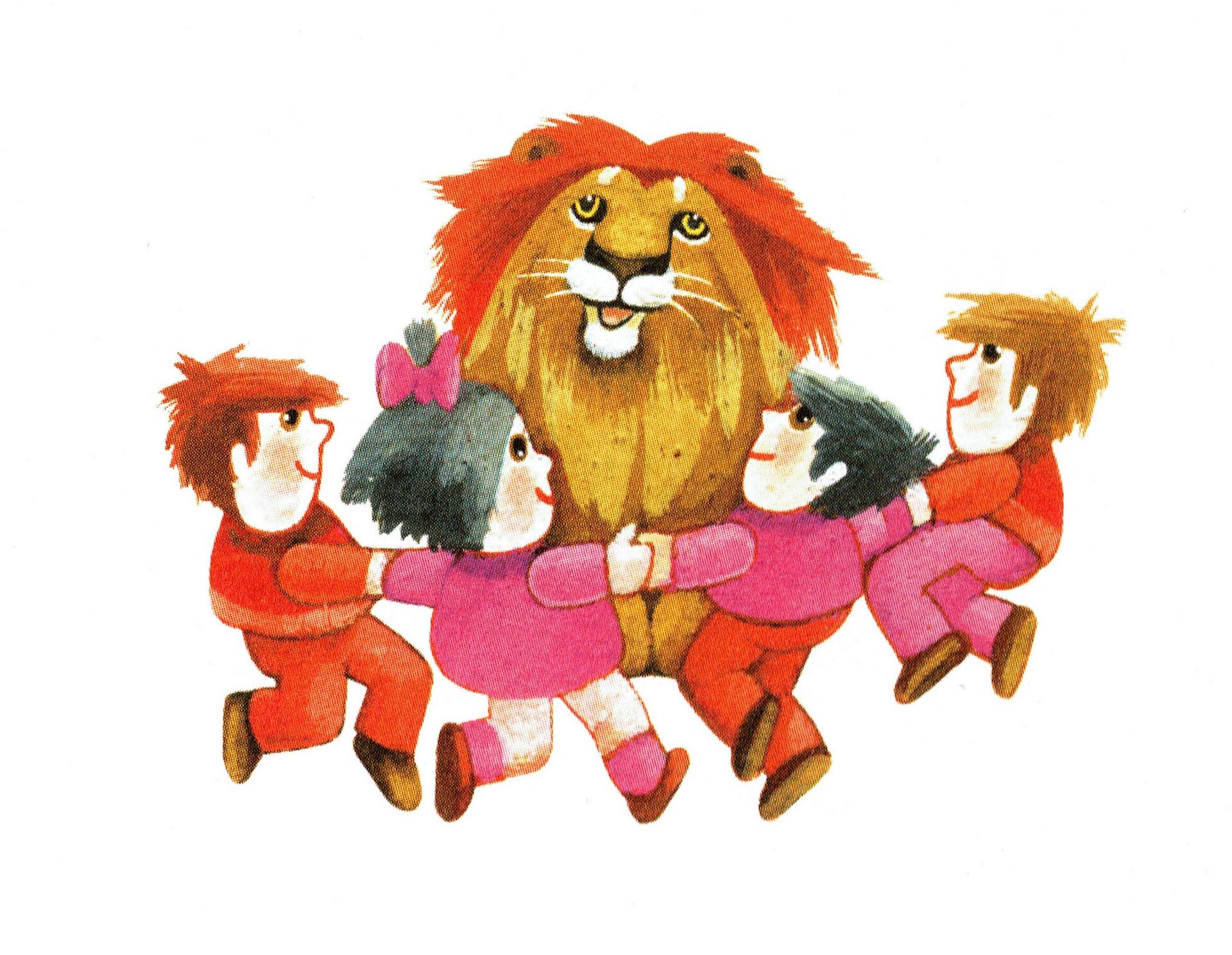 Ilustracja przedstawia grafikę z książki dla dzieci Wandy Chotomskiej "Leonek i lew", ukazującą czwórkę dzieci i lwa. Postacie trzymają się za ręce i bawią się w kółku. Na wszystkich twarzach widoczne są uśmiechy.