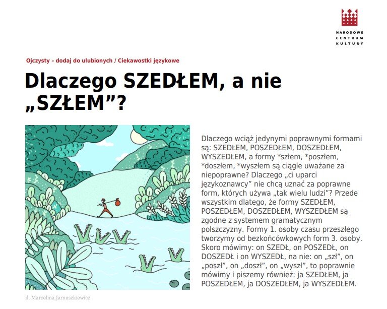 Nad rysunkiem znajduje się tytuł: Dlaczego SZEDŁEM, a nie "SZŁEM"? Rysunek przedstawia wędrowca w kapeluszu, z węzełkiem na ramieniu, maszerującego brzegiem rzeki pełnej krokodyli, które otwierają paszcze. W tle niebo, drzewa i gęste krzewy. Obok rysunku znajduje się tekst: Dlaczego wciąż jedynymi poprawnymi formami są: SZEDŁEM, POSZEDŁEM, DOSZEDŁEM, WYSZEDŁEM, a formy *szłem, *poszłem, *doszłem, *wyszłem są ciągle uważane za niepoprawne? Dlaczego „ci uparci językoznawcy” nie chcą uznać za poprawne form, których używa „tak wielu ludzi”? Przede wszystkim dlatego, że formy SZEDŁEM, POSZEDŁEM, DOSZEDŁEM, WYSZEDŁEM są zgodne z systemem gramatycznym polszczyzny. Formy 1. osoby czasu przeszłego tworzymy od bezkońcówkowych form 3. osoby. Skoro mówimy: on SZEDŁ, on POSZEDŁ, on DOSZEDŁ i on WYSZEDŁ, na nie: on „szł”, on „poszł”, on „doszł”, on „wyszł”, to poprawnie mówimy i piszemy również: ja SZEDŁEM, ja POSZEDŁEM, ja DOSZEDŁEM, ja WYSZEDŁEM.
Źródło: [NSPP; WSPP; SO PWN; Baza CKS]
