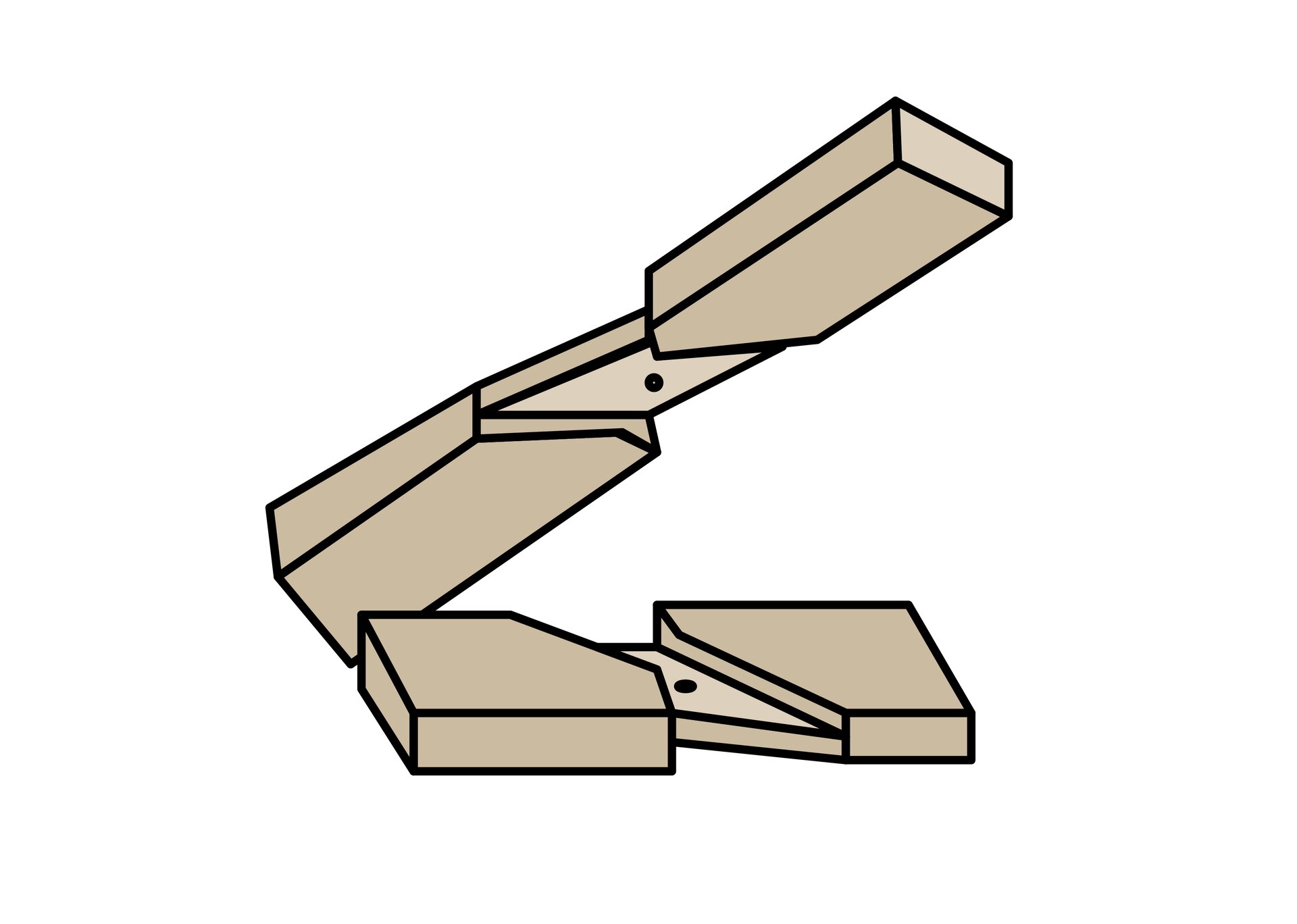 Rysunek przedstawia złącze krzyżowe pod kątem ostrym. W każdym elemencie zostało wycięte zagłębienie skośnie względem płaszczyzny powierzchni tych elementów.