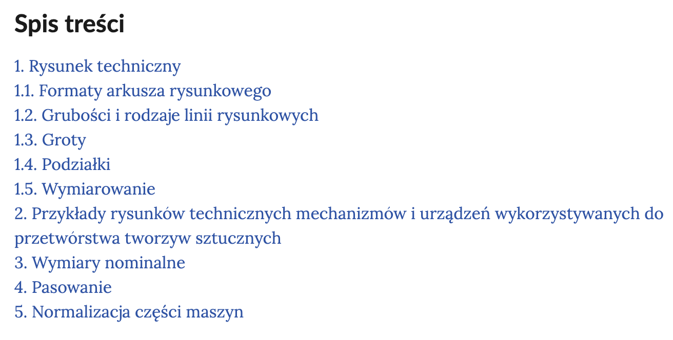 Ilustracja przedstawia spis treści w postaci numerowanej listy. 1 rysunek techniczny. 1 kropka 1 formaty arkusza rysunkowego. 1 kropka 2 grubości i rodzaje linii rysunkowych. 1 kropka 3 groty. 1 kropka 4 podziałki. 1 kropka 5 wymiarowanie. 2 przykłady rysunków technicznych mechanizmów i urządzeń wykorzystywanych do przetwórstwa tworzyw sztucznych. 3 Wymiary nominalne. 4 pasowanie. 5 normalizacja części maszyn.