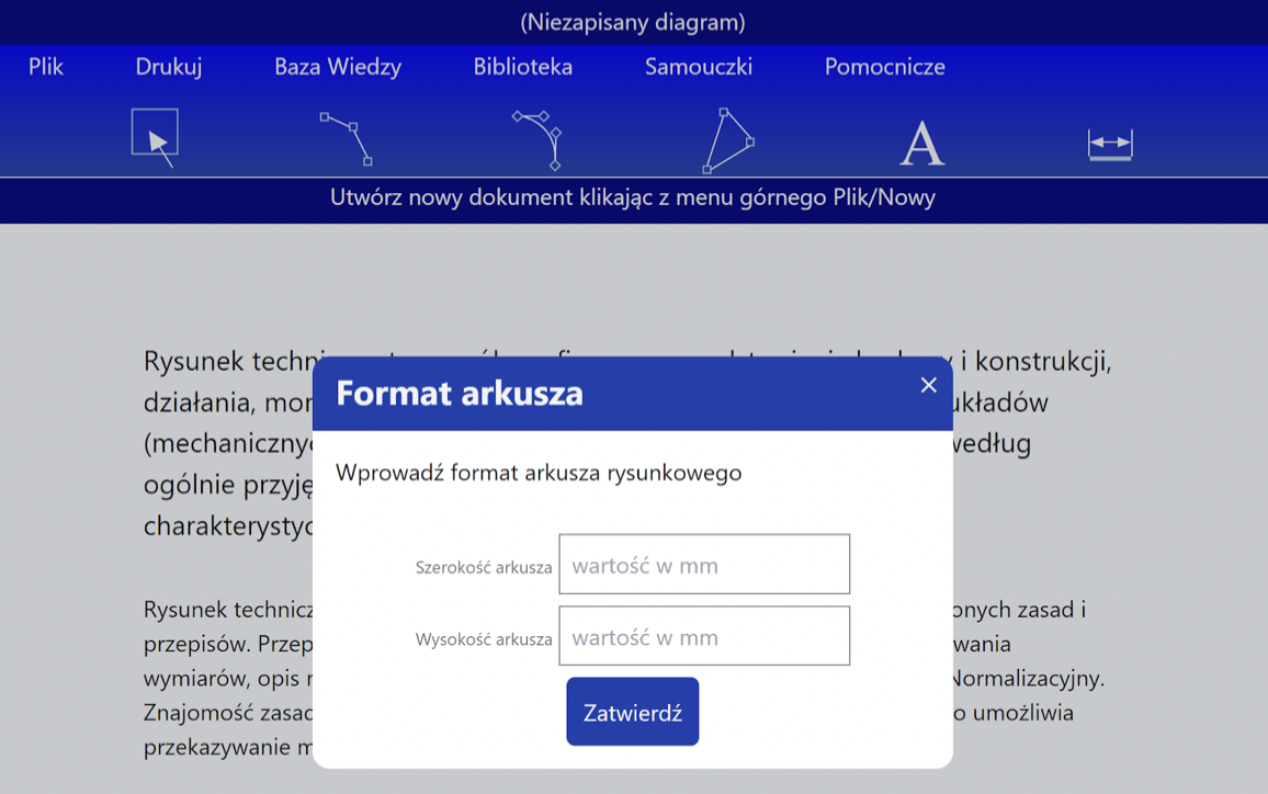 Grafika przedstawia zrzut ekranu z programu do projektowania diagramu. Widoczne jest wywołane okno Format arkusza. Możliwe jest wprowadzenie wartości szerokości i wysokości arkusza w milimetrach. 