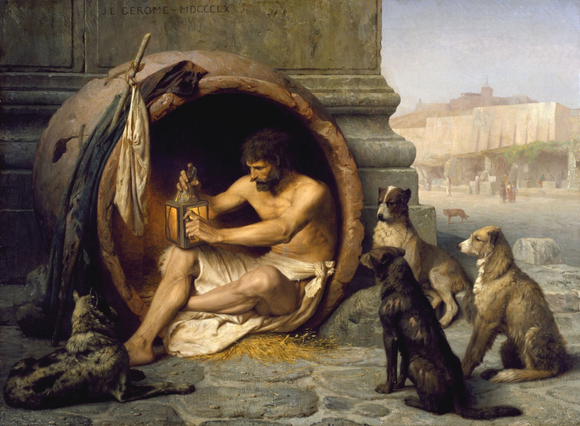 Ilustracja przedstawia obraz Jean-Léon Gérôme pod tytułem „Diogenes”. Postać siedzi w glinianym naczyniu w Metroon w Atenach. Grecki filozof zapala lampę w świetle dnia, w którym miał szukać uczciwego człowieka. Jego towarzyszami są psy, które służyły również jako symbole jego "cynickiej" filozofii podkreślającej surową egzystencję.