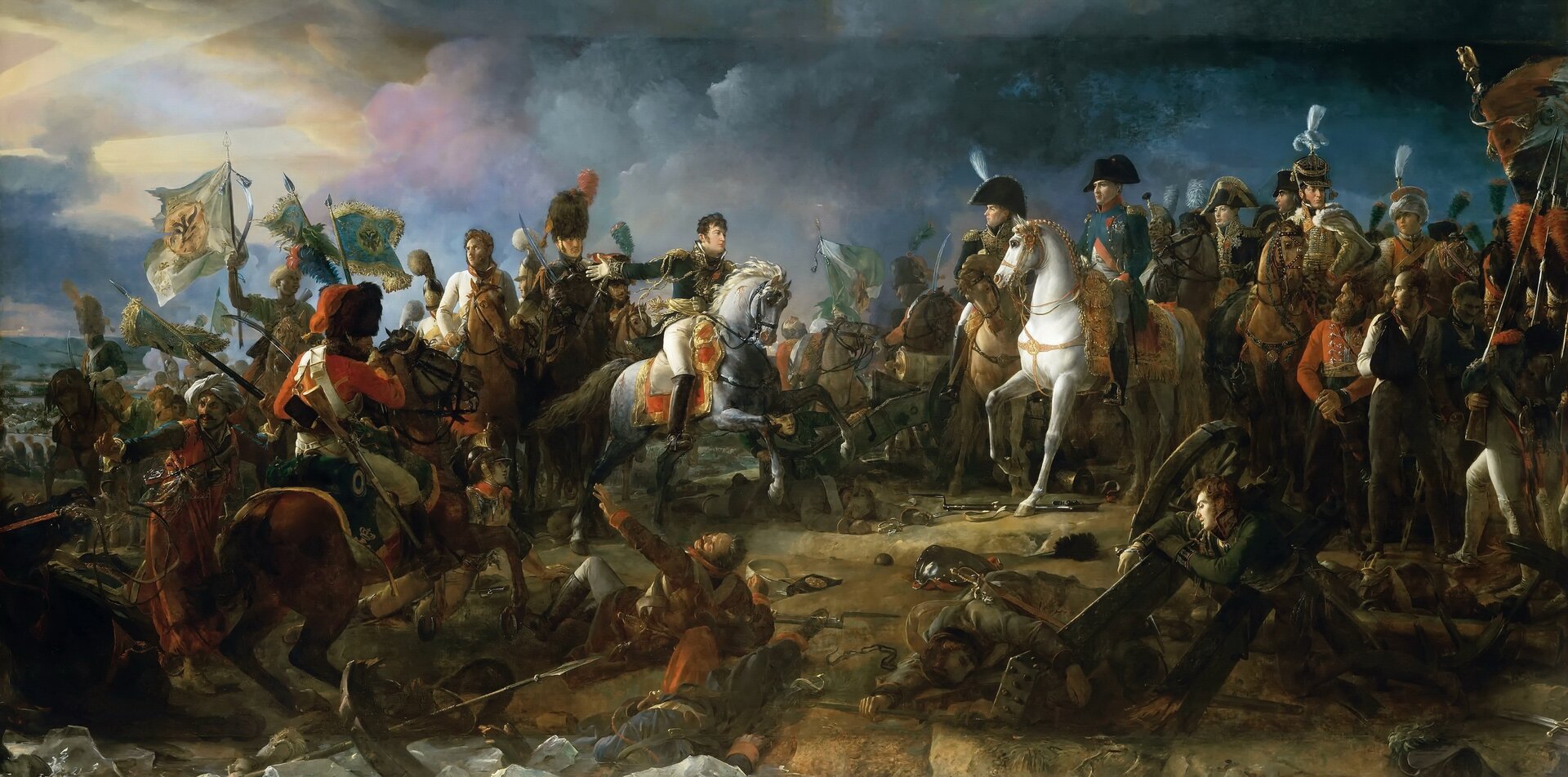 Ilustracja przedstawia żołnierzy dwóch różnych armii, stojących na wzgórzu. Przywódcy siedzą na koniach. Wokół leżą ciała zabitych.