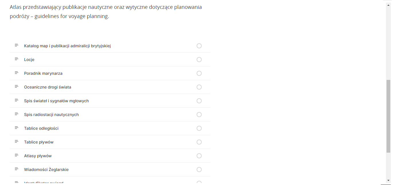 Grafika przedstawia przykładowy spis treści atlasu interaktywnego. U góry widoczny jest opis: Atlas przedstawiający publikacje nautyczne oraz wytyczne dotyczące planowania podróży – guidelines for voyage planning. Poniżej, jeden pod drugim, widoczne są tematy rozdziałów atlasu.