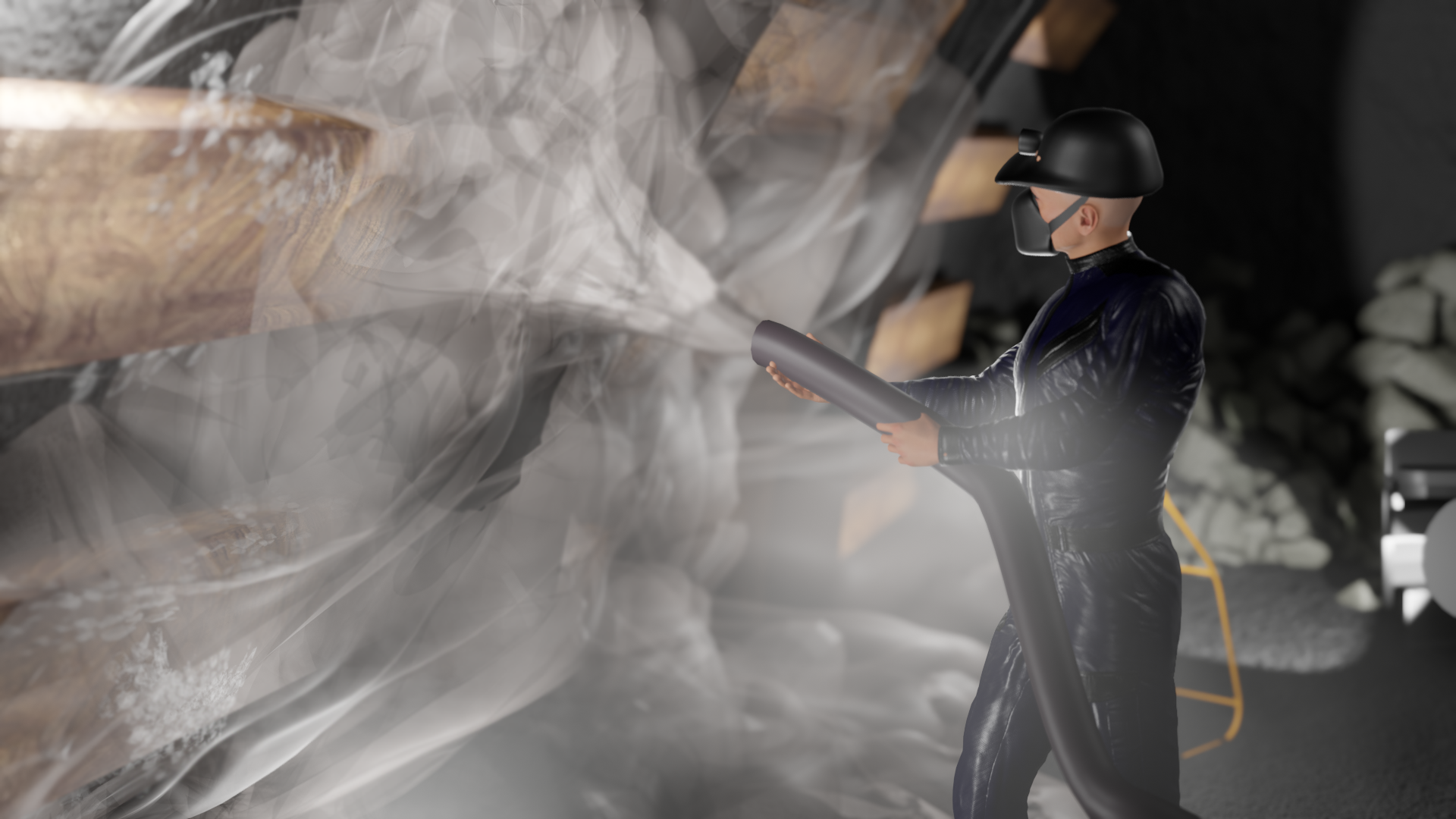 Grafika przedstawia górnika podczas opylania wnętrza podziemnego zakładu górniczego. Mężczyzna ubrany jest w uniform roboczy. Ma założony kask ochronny, maseczkę, okulary oraz rękawice. Trzyma w dłoniach przewód z dyszą. Z końcówki węża wydobywa się pył osiadający na ścianach korytarza.