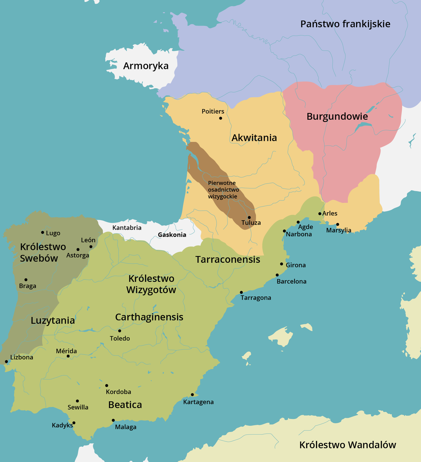 Ilustracja przedstawia mapę, na niej wyróżnione są takie obszary jak: państwo frankijskie, Armoryka, Akwitania, Burgundowie, Królestwo Wizygotów, Luzytania, Królestwo Wandalów.