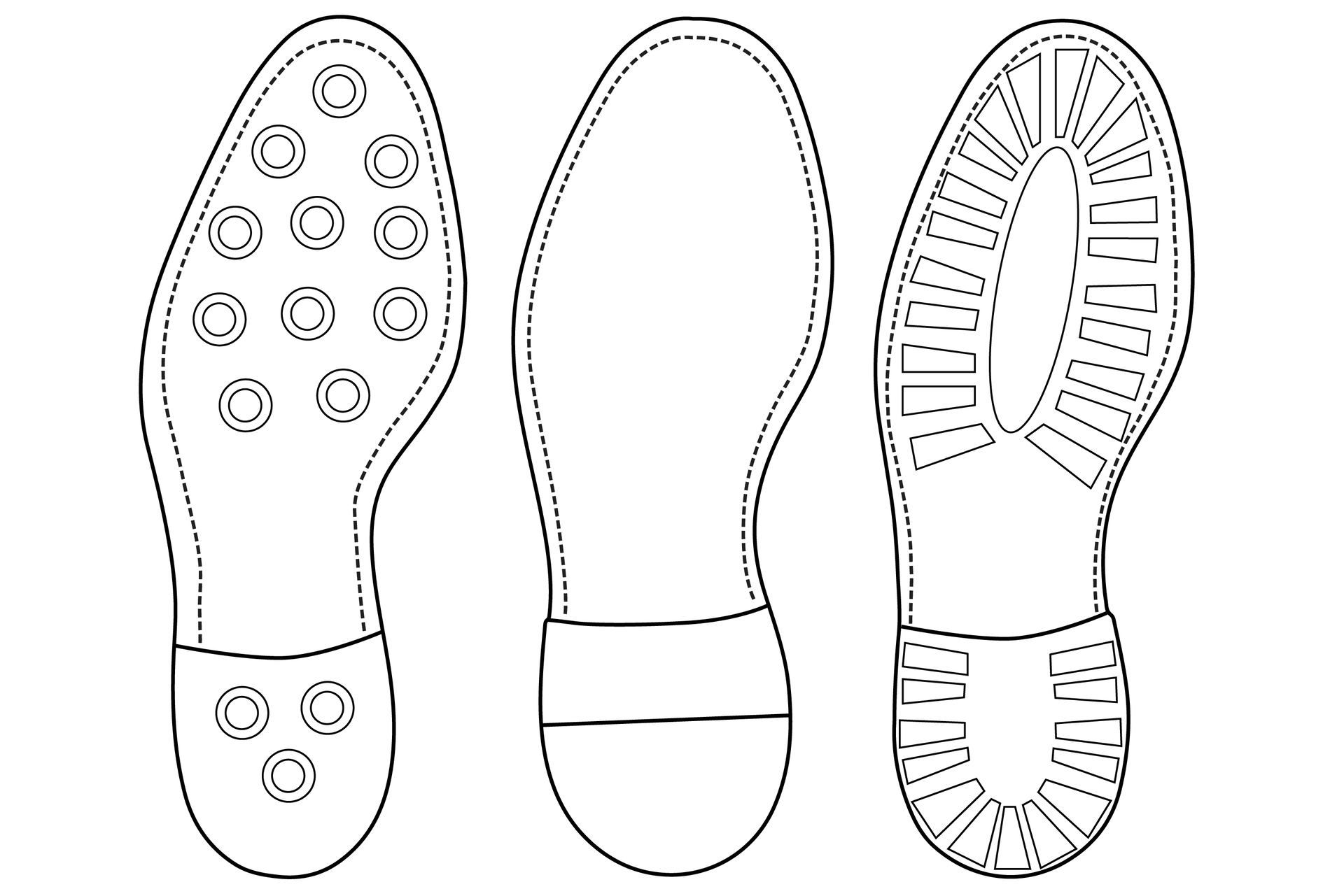 Zdjęcie przedstawia trzy ustawione obok siebie podeszwy męskiego obuwia. Mają one różne spody, od lewej na podeszwie znajdują się kółka, głaska podeszwa oraz wzór w kształcie prostokątów ułożonych w okrąg.