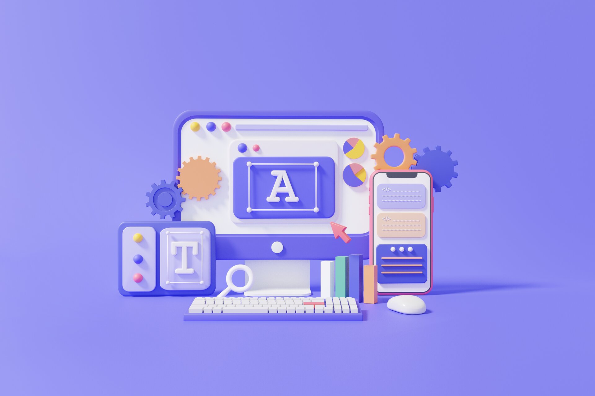 Ilustracja przedstawia ekran komputera oraz klawiaturę i myszkę. Na ekranie wyświetlono dużą literę A. Obok widoczny jest telefon postawiony na stojaku. 