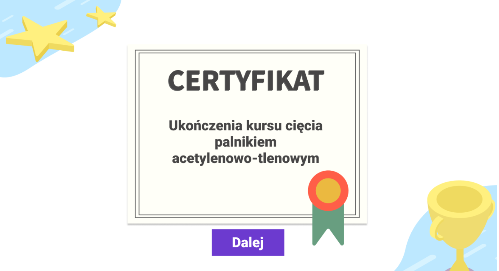 Grafika przedstawia przykładowy wygląd certyfikatu otrzymywanego na zakończenie kursu. Tekst widoczny na ekranie brzmi: certyfikat ukończenia kursu cięcia palnikiem acetylenowo‑tlenowym. Poniżej widać przycisk „dalej”.