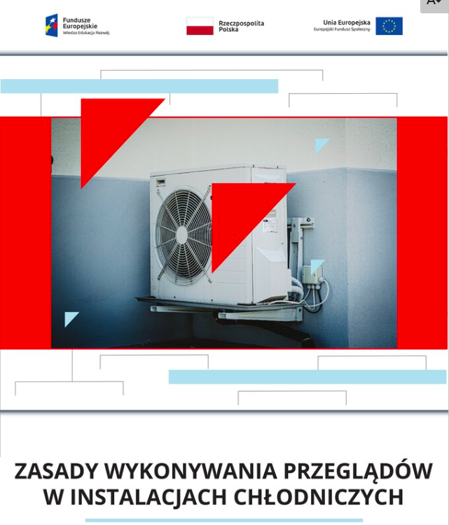 Ikona e‑booka. Jest prostokątna, górna część składa się ze zdjęcia okładkowego, które przedstawia białą instalację chłodniczą z widocznym wentylatorem. Zamontowana jest na ścianie zewnętrznej. Dolna to tytuł "Zasady wykonywania przeglądów w instalacjach chłodniczych".
