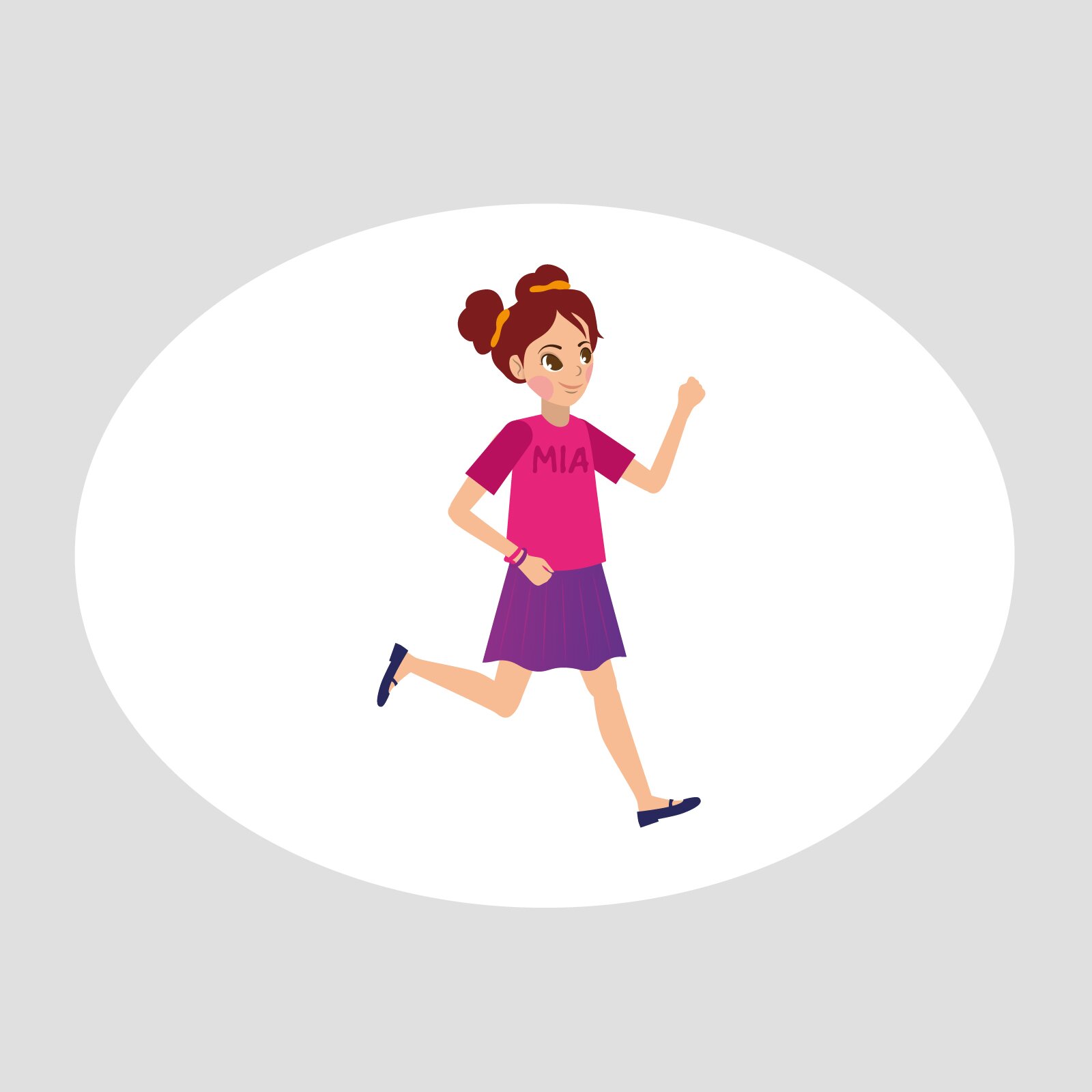 Ilustracja przedstawia dziewczynkę o imieniu  Mia  będącą w ruchu. Jest ona ubrana w różową koszulkę oraz fioletową spódniczkę. Jej postawa ciała wskazuje na bycie w biegu.