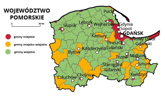 Mapa województwa pomorskiego. Na mapie szarymi liniami zaznaczono granice powiatów ziemskich, białymi kropkami zaznaczono miasta będące stolicami powiatów. W obrębie powiatów ziemskich kolorami wyróżniono gminy miejskie (na czerwono), miejsko‑wiejskie (na żółto) i wiejskie (na zielono). Stolicą województwa jest Gdańsk. Stolicami gmin miejskich są Gdańsk, Sopot, Gdynia, Malbork, Słupsk, Lębork, Puck, Wejherowo, Pruszcz Gdański, Kościerzyna, Stargard Gdański, Tczew, Człuchów, Kwidzyń. Chojnice. Stolicami gmin miejsko‑wiejskich są Kartuzy, Bytów, Sztum, Nowy Dwór Gdański.