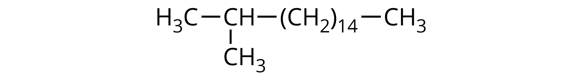 Wzór od lewej strony: grupa metylowa łączy się po lewej stronie z grupą metylenową 14 razy wziętą. Ta z kolei łączy się po lewej stronie z grupą CH. Grupa CH łączy się na dole i po lewej stronie z grupą metylową.