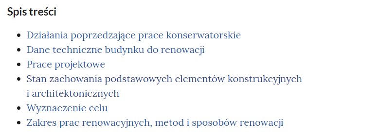 Spis treści w planszy