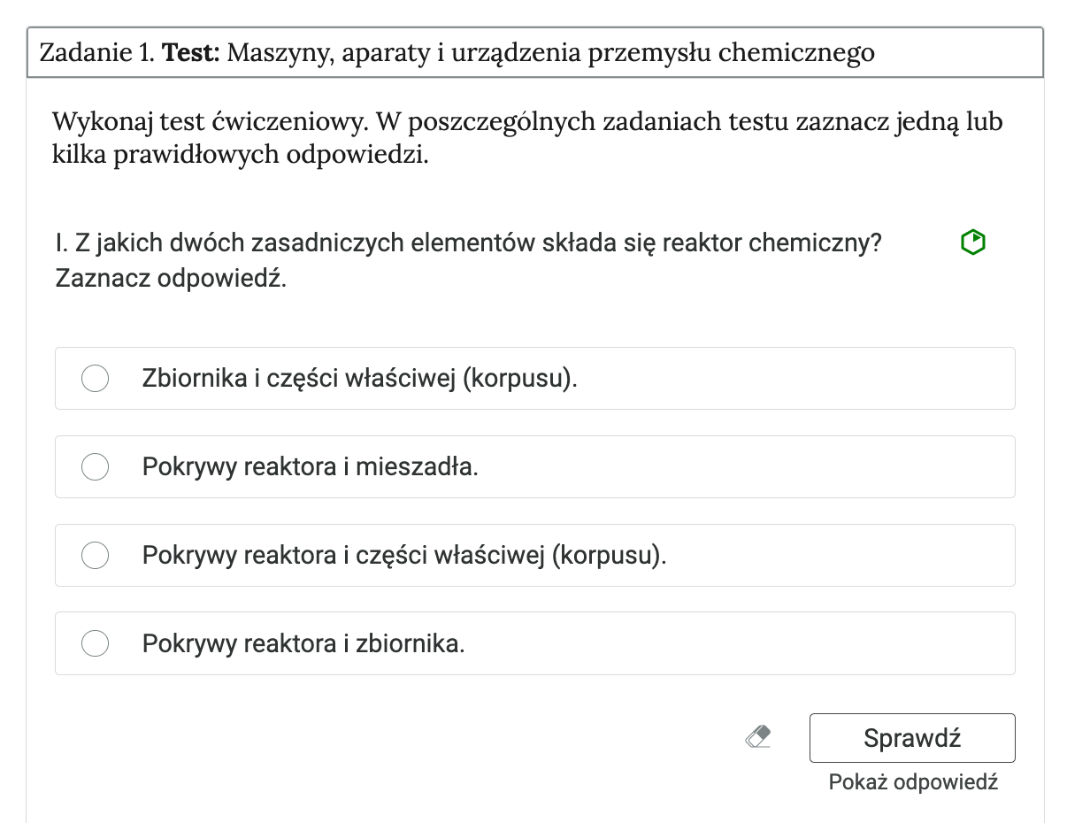 Grafika przedstawia przykładowe zadanie testowe jednokrotnego wyboru, będące elementem interaktywnych materiałów sprawdzających.