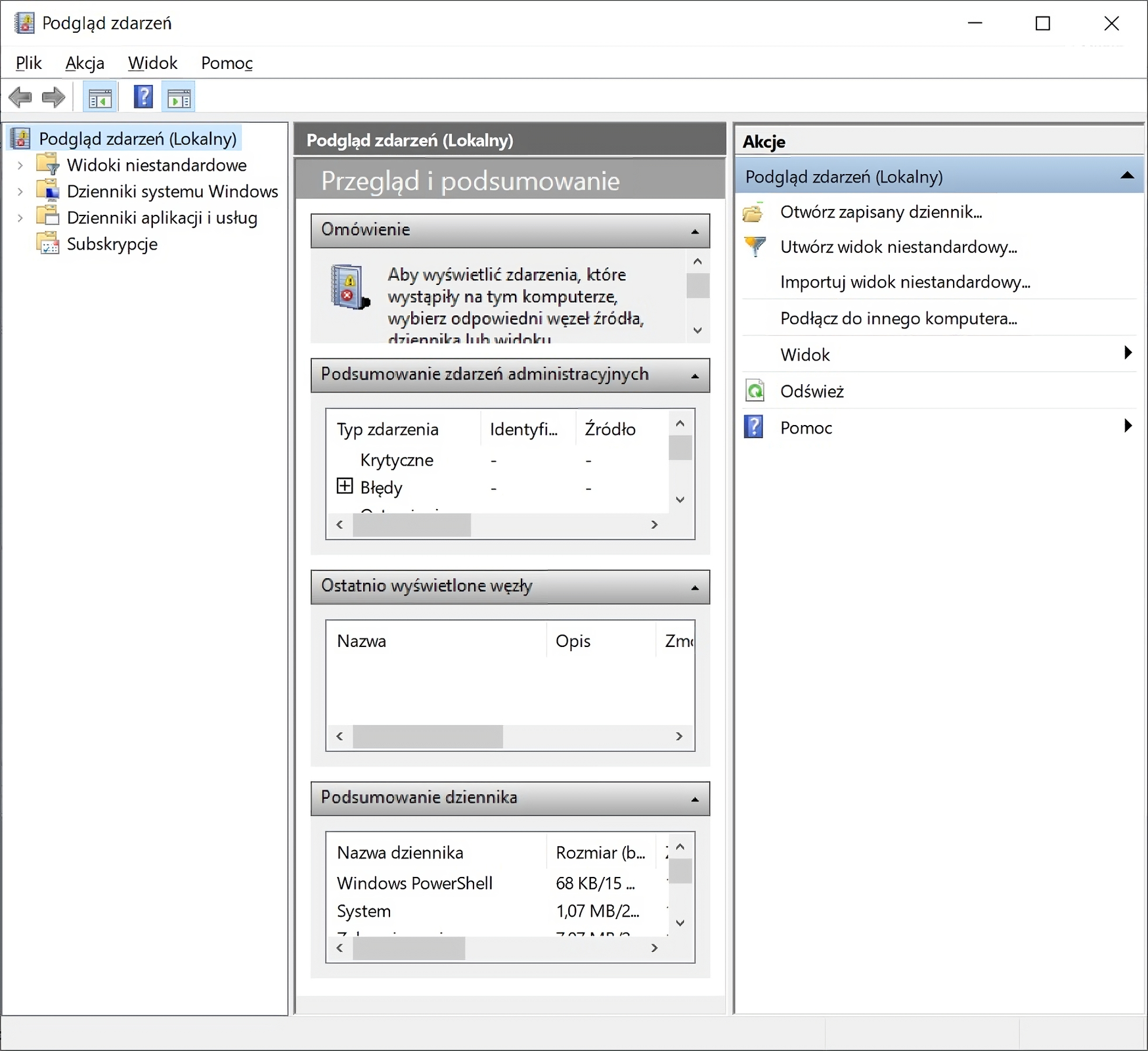 Ilustracja przedstawia okno Podgląd zdarzeń w systemie Windows. Okno zostało podzielone na trzy części: Podgląd zdarzeń, Przegląd i podsumowanie oraz Akcje. Podgląd zdarzeń pod sobą ma rozwijane pozycje, kolejno: Widoki niestandardowe, Dzienniki systemu Windows, Dzienniki aplikacji i usług, Subskrypcje. Kolejna część Przegląd i podsumowanie ma rozwijane listy: Omówienie, Podsumowanie zdarzeń administracyjnych, Ostatnio wyświetlone węzły oraz Podsumowanie dziennika. Ostatnia część Akcje ma opcje, od góry: Otwórz zapisany dziennik, Utwórz widok niestandardowy, Importuj widok niestandardowy, Podłącz do innego komputera, Widok, Odśwież, Pomoc.