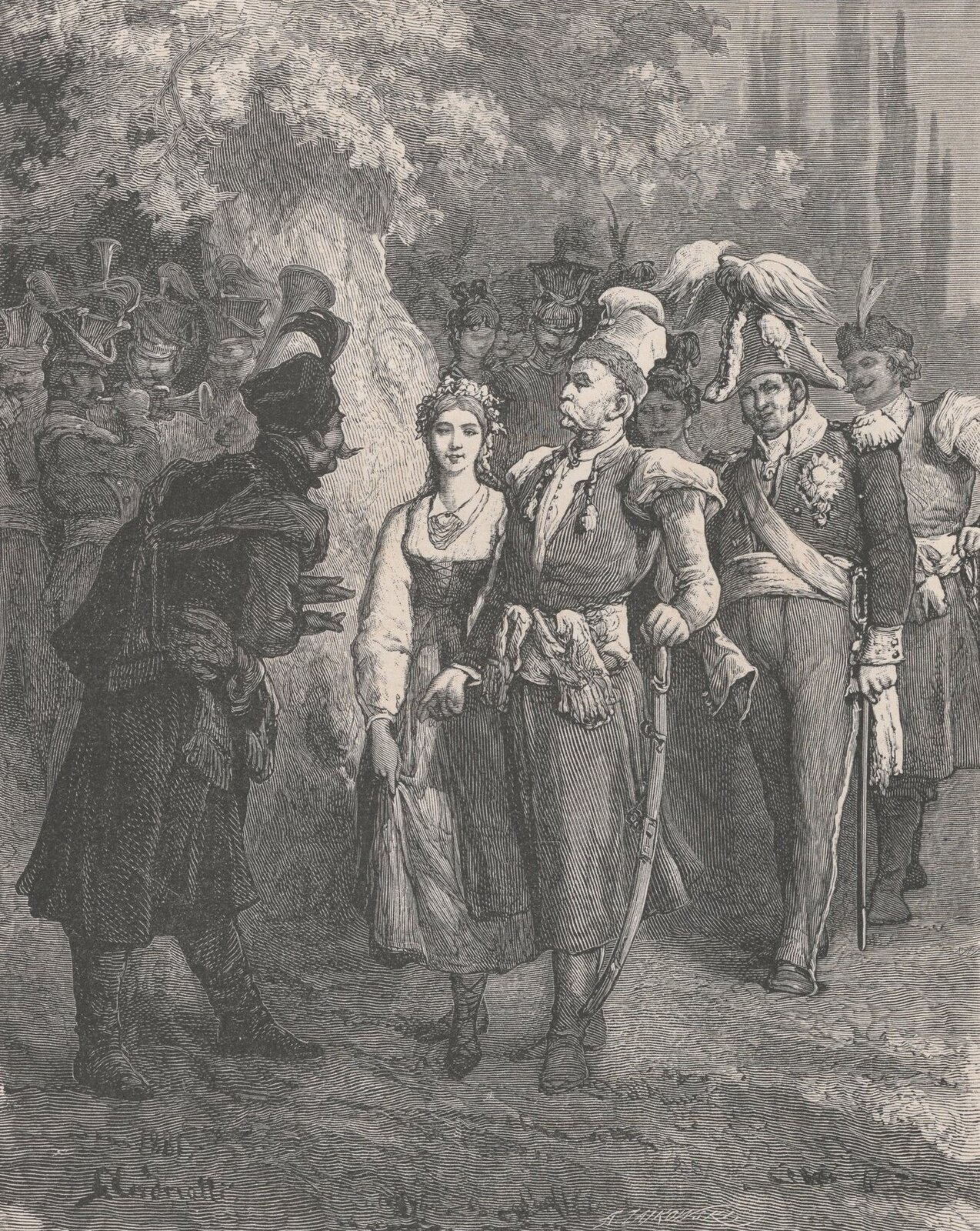 Ilustracja przedstawia pole, którym przemierza orszak. Na jego czele znajduje się młoda kobieta w długiej sukni prowadzona za rękę przez mężczyznę w kontuszu. Naprzeciw nich stoi inny mężczyzna w kontuszu. Za parą podążają inni ludzie.