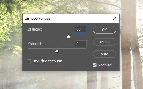 Ilustracja przedstawia okno dialogowe o nazwie: Jasność/Kontrast. Zaznaczono: jasność 60, kontrast 0. Zastosowano przycisk OK. Zaznaczono: Podgląd. 