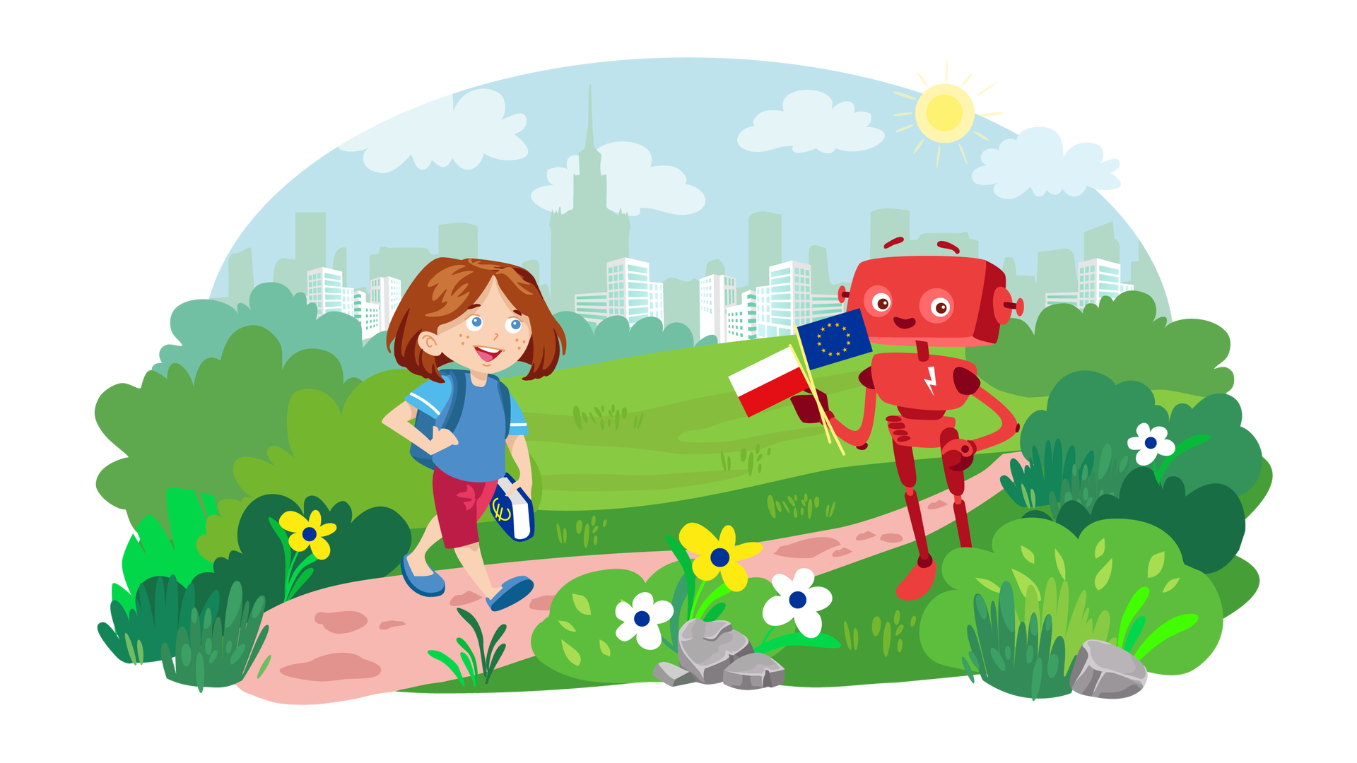 Ilustracja przedstawia zieloną polanę. W tle widać zarys wysokich budynków miejskich oraz błękitne niebo ze słońcem i chmurami. Na polanie rosną zielone krzewy i białe oraz żółte kwiaty. Na pierwszym planie leży kilka szarych kamieni. Na środku znajduje się ścieżka. Po jej prawej stronie stoi uśmiechnięty Zgrzytek. To czerwony robot o prostokątnej głowie z krótkimi antenkami zamiast uszu, dwiema rękami i dwiema nogami. Na przedniej części jego tułowia widnieje biały znaczek w postaci błyskawicy. Lewą rękę opiera na biodrze, a w prawej trzyma dwie małe flagi. Pierwsza to biało‑czerwona flaga Polski. Druga to granatowa flaga Unii Europejskiej z dwunastoma złotymi gwiazdkami tworzącymi koło na środku. Po lewej stronie ścieżki idzie Maja. To niebieskooka dziewczynka z brązowymi włosami do ramion. Jest ubrana w niebieską koszulkę z krótkimi błękitnymi rękawami, krótkie ciemnoróżowe spodnie i ciemnoniebieskie buty. Na plecach niesie granatowy plecak. W lewej ręce trzyma książkę w granatowej okładce, na której widnieje złoty symbol waluty euro. Dziewczynka patrzy na Zgrzytka i się uśmiecha.