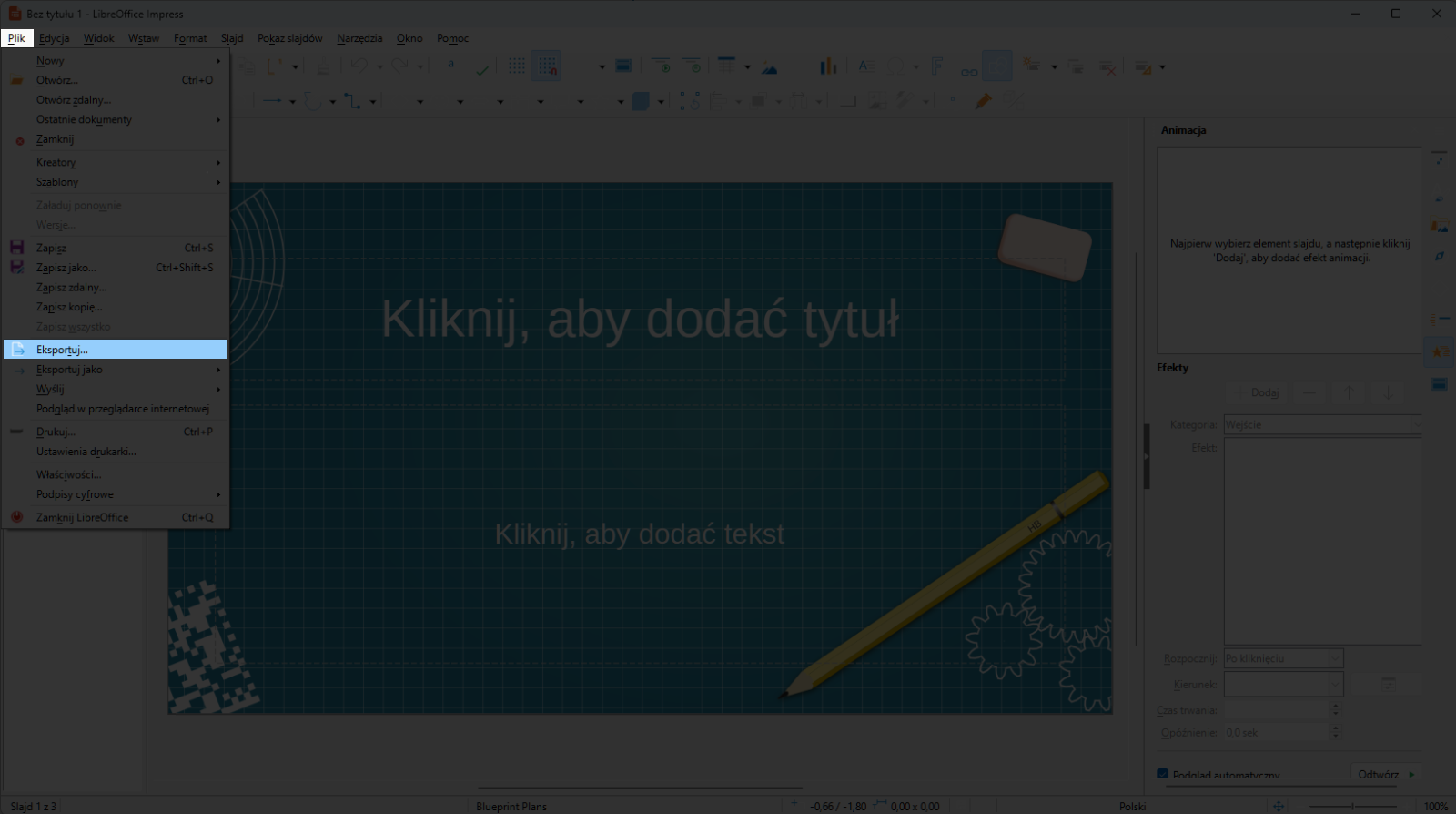 Zrzut ekranu przedstawia wybór opcji Eksportuj w programie LibreOffice Impress. Po lewej stronie na samej górze widoczny jest przycisk Plik z rozwiniętą listą z opcjami. Zaznaczoną opcją jest Eksportuj. 