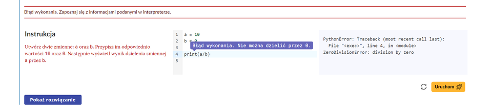 Widok testerki z błędem interpretera.