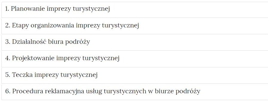 Grafika przedstawia widok interaktywnego materiału sprawdzającego, czyli zbioru poszczególnych zadań w formie listy z nazwami zadań, gdzie po kliknięciu w nazwę zadania pojawi się jego zawartość.