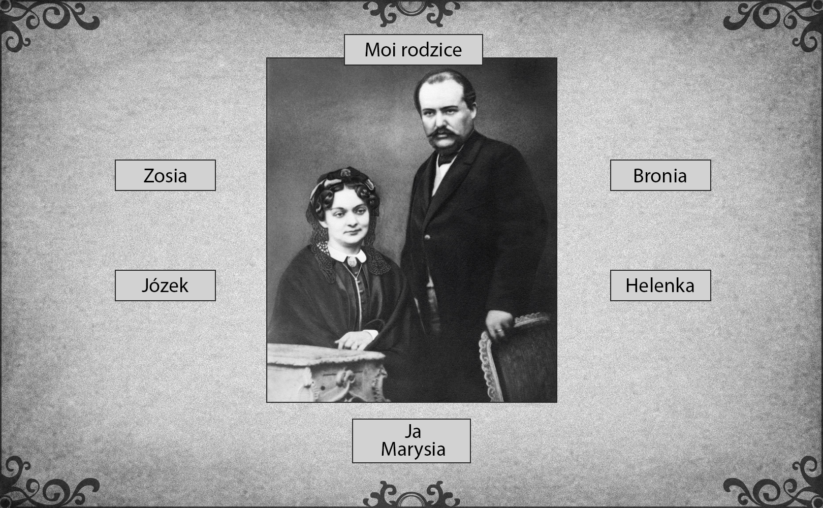 Slajd przedstawia rodzinę Marii Skłodowskiej. W centrum slajdu fotografia rodziców Marii Skłodowskiej. Ojciec ubrany w surdut oparł lewą dłoń na poręczy krzesła i pozuje wyprostowany obok siedzącej matki, która nosi suknię z peleryną. Schematycznie pokazano rodzeństwo Marii Skłodowskiej: od lewej strony wymieniono Zosię i Józka, a od prawej Bronię i Helenkę. Pod zdjęciem rodziców umieszczono informacje o Marii, czyli najmłodszym dziecku. 