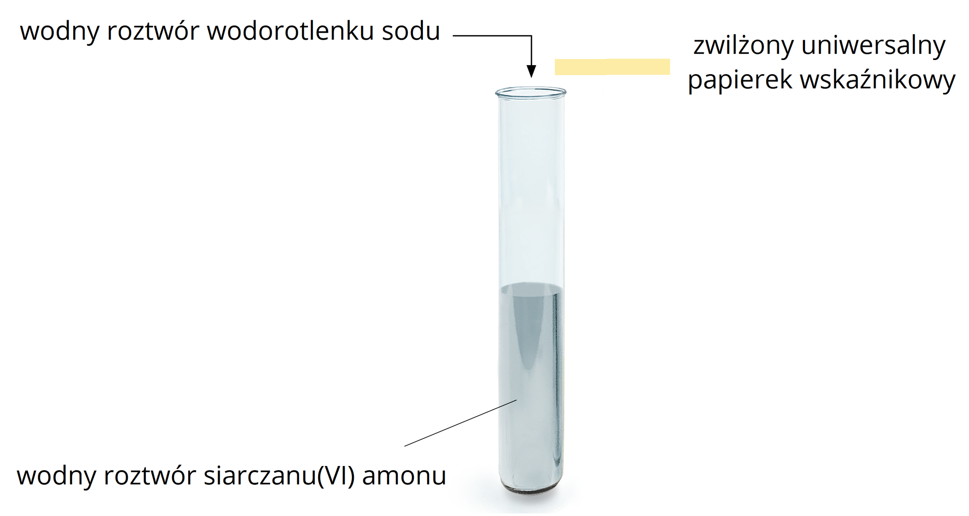 Ilustracja przedstawiająca schemat doświadczenia. Probówka z wodnym roztworem siarczanu (VI) amonu, do którego dodano wodny roztwór wodorotlenku sodu. Nad wylotem probówki umieszczono zwilżony uniwersalny papierek wskaźnikowy.